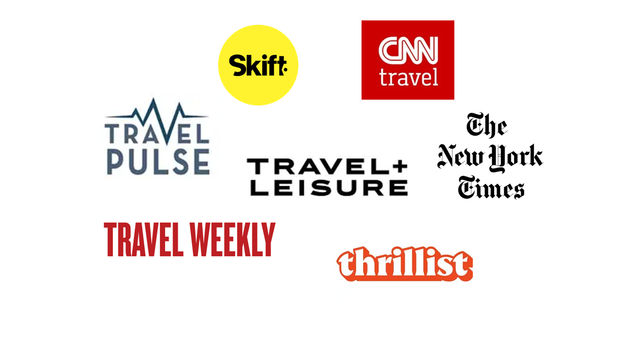Collection of logos for various travel and news publications, including Skift, CNN Travel, Travel Pulse, Travel+Leisure, The New York Times, Travel Weekly, Thrillist, and others.