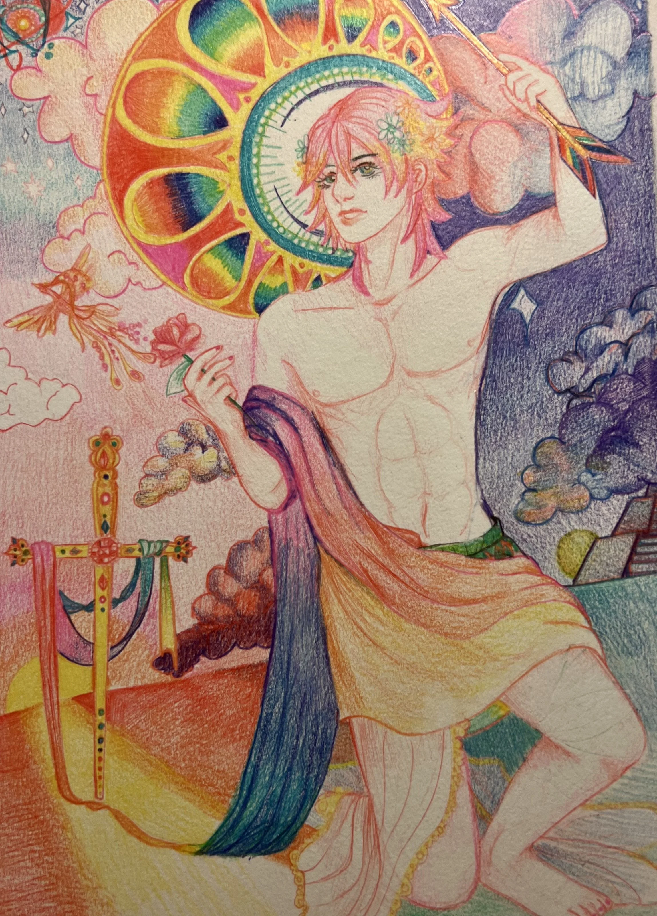 Colorful drawing of a man with pink hair, holding a rose, surrounded by clouds, flowers, a bird, and decorative elements.