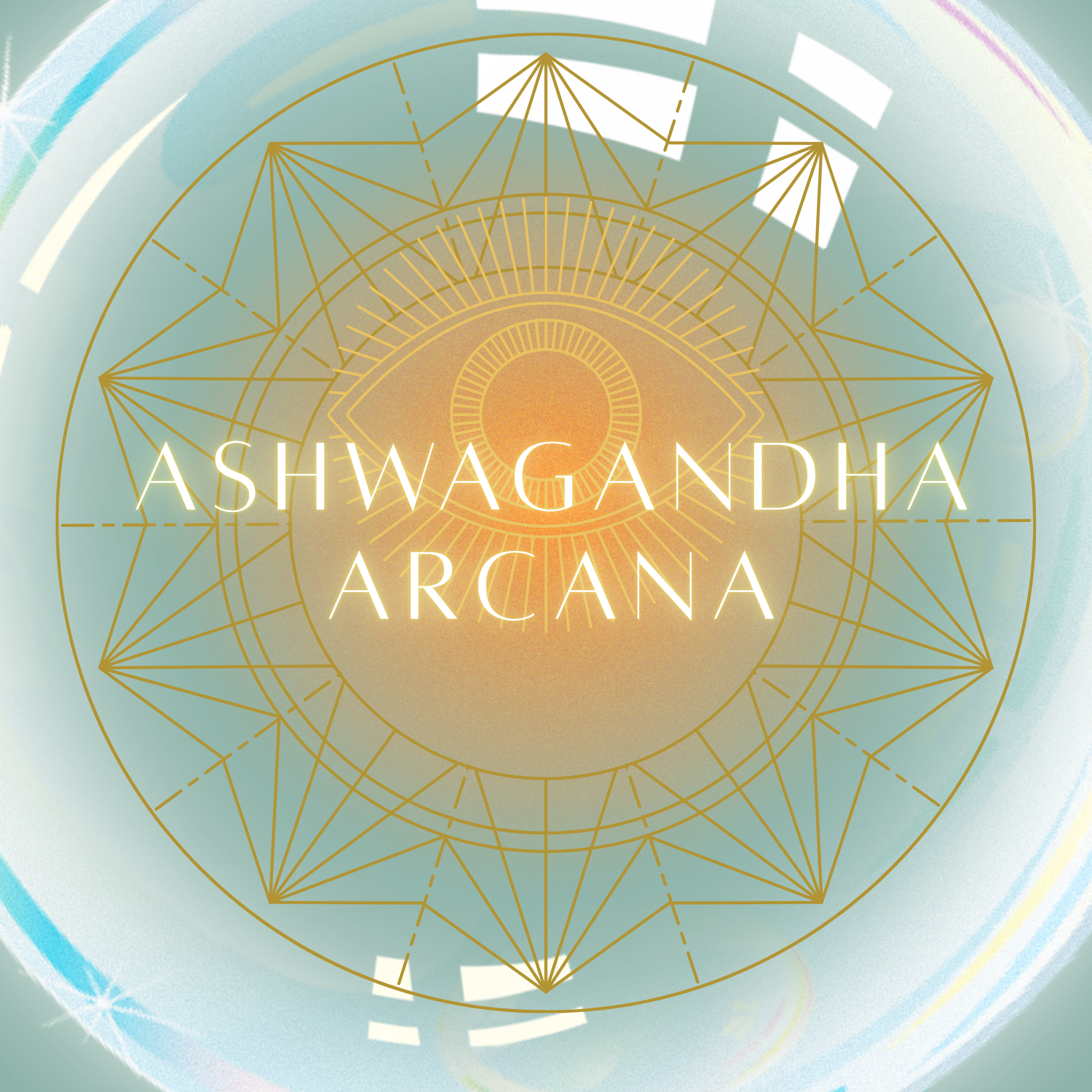 Abstract digital artwork featuring a gold geometric mandala design against a pastel swirl background with whites, blues, and greens.