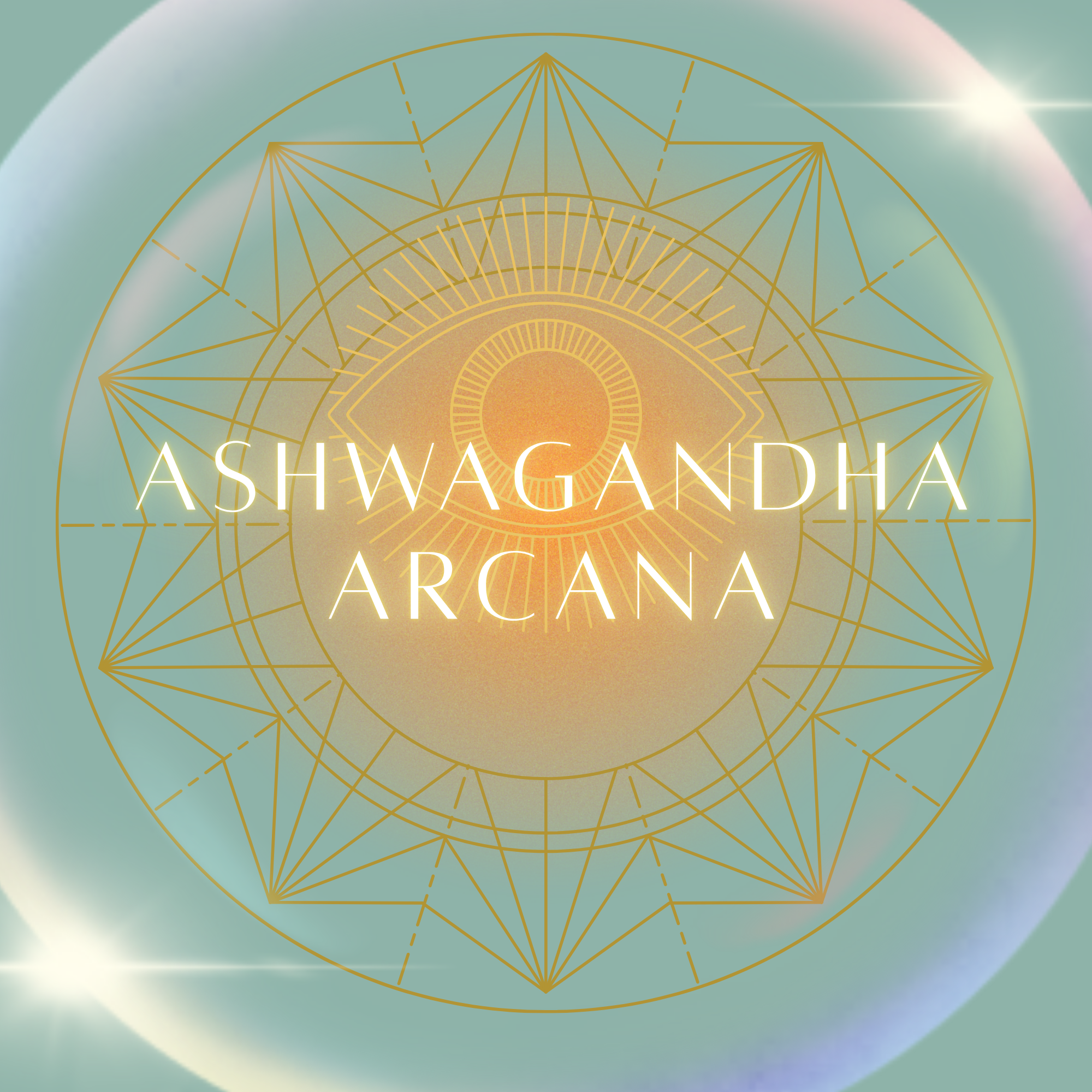 A geometric pattern with concentric circles and radial lines in gold, overlaid on a soft green background with light flares and gradients, featuring the partially visible text 'ASHWAGANDHA ARCANA' at the bottom.