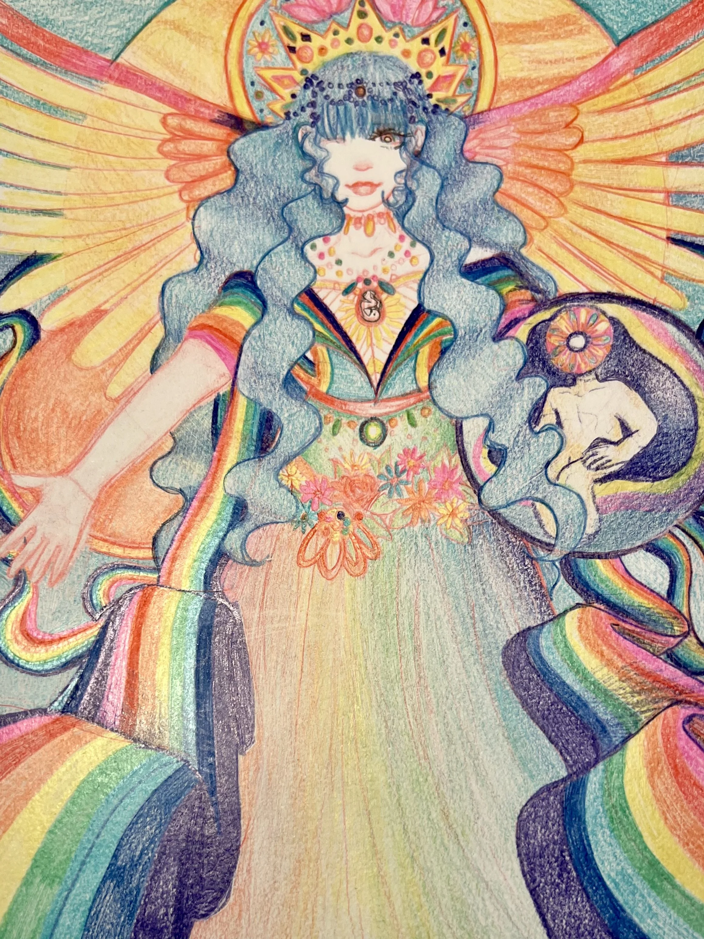 A colorful drawing of a woman with long, curly blue hair, wearing a crown and a necklace with a fetus pendant. She is surrounded by vibrant rainbow and floral patterns, with large, radiant wings and a halo behind her head.