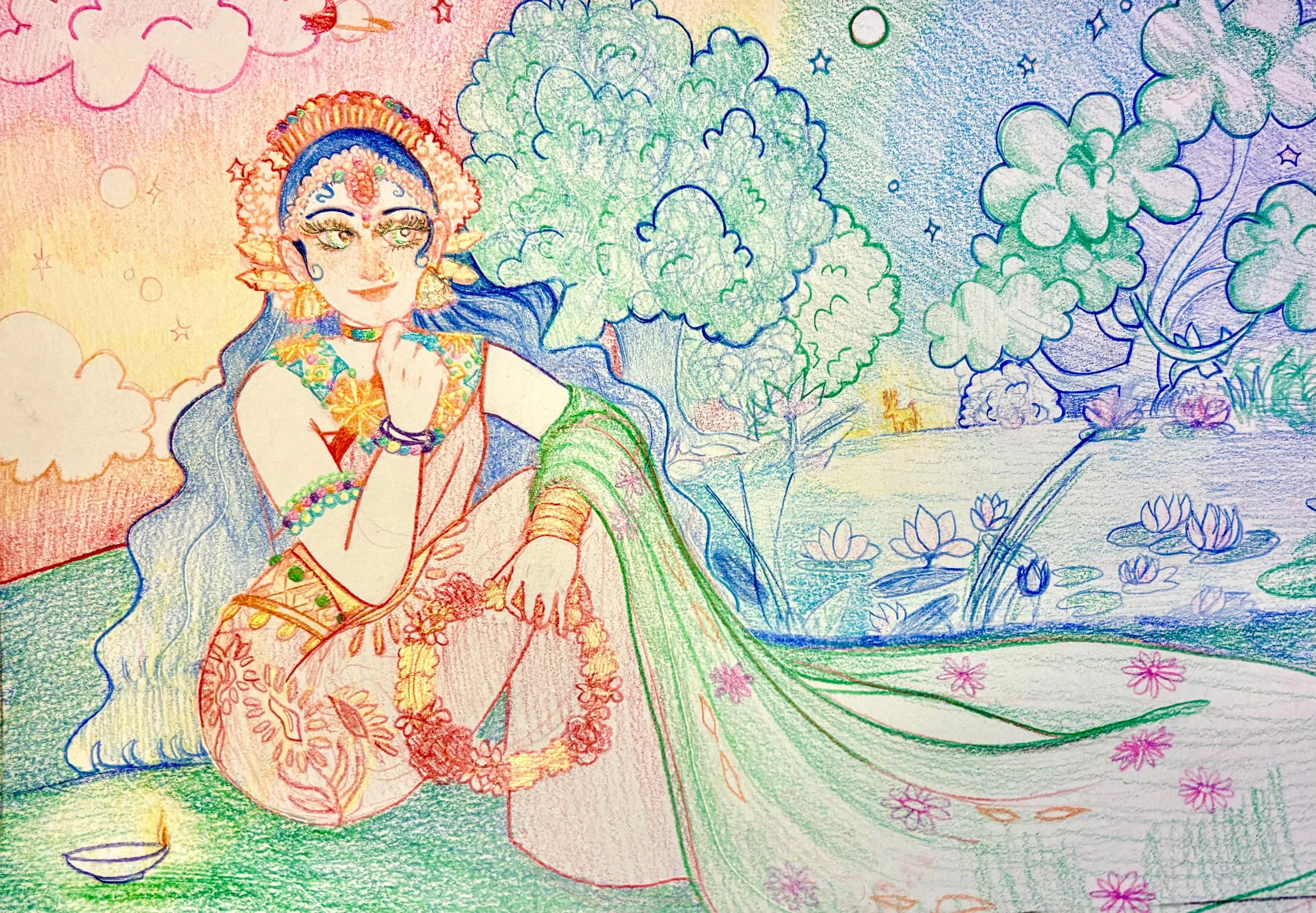 A colorful drawing of a woman in traditional attire sitting outdoors next to a pond with water lilies, surrounded by trees and clouds. Maa sita