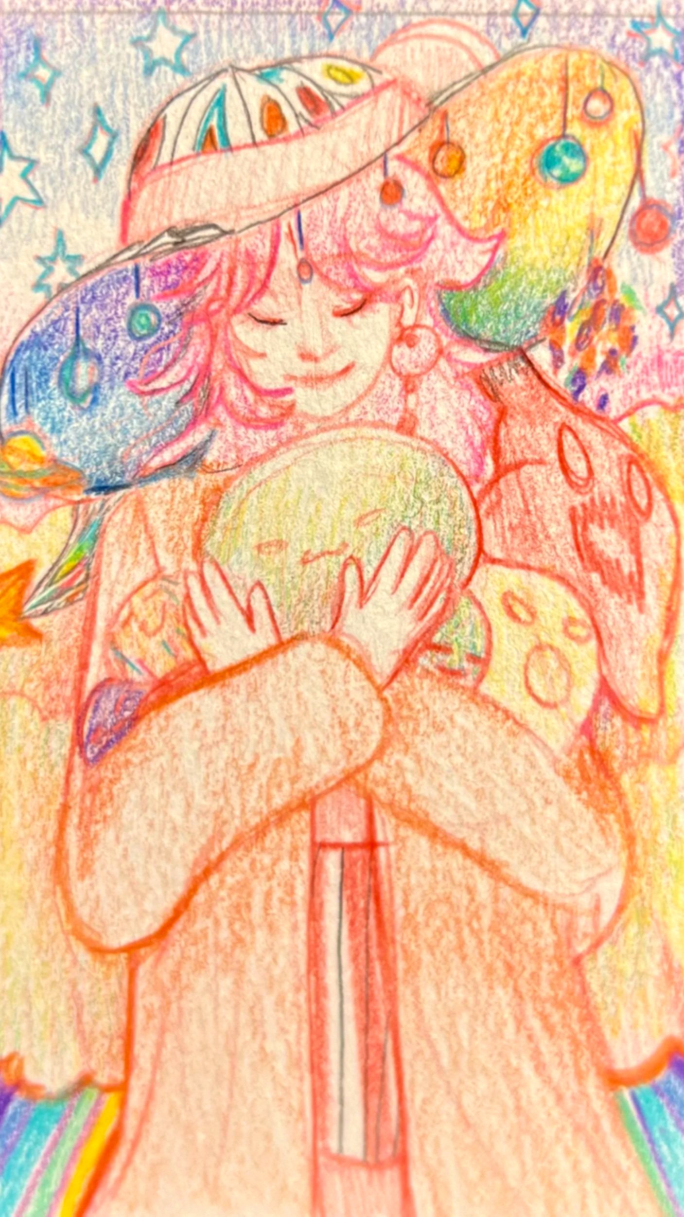 Colorful drawing of a happy person with long hair, wearing a hat, holding a round object with both hands, with stars, rainbow, and colorful decorations in the background.