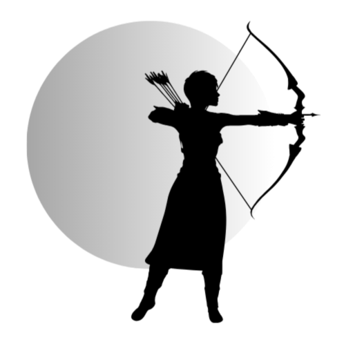 Silhouette of a woman aiming a bow and arrow, with a background resembling a moon.