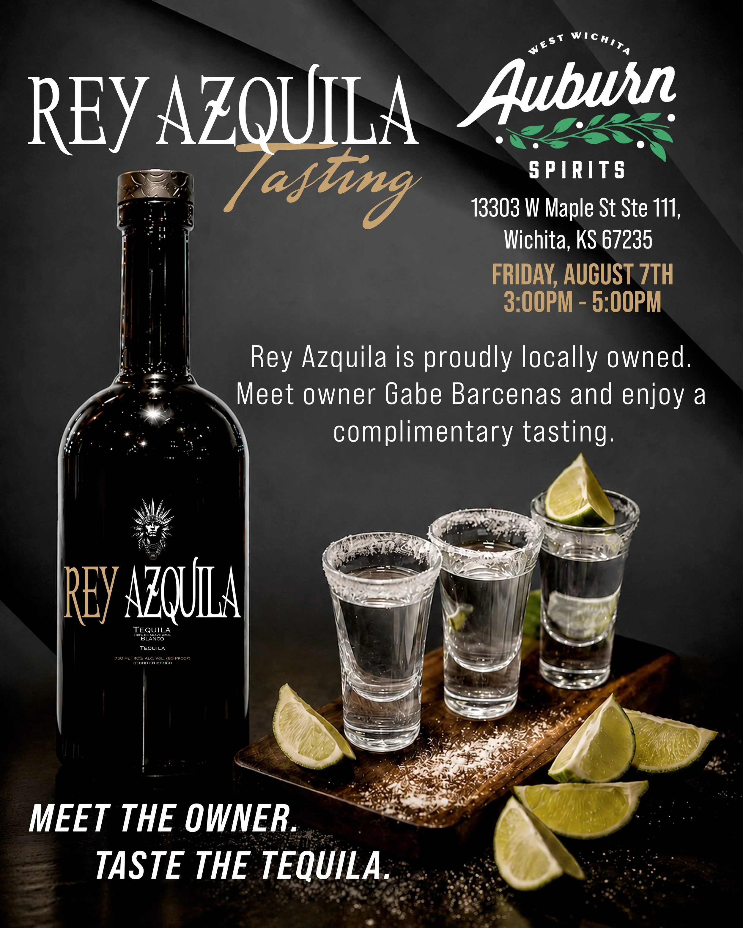 West Wichita, we&rsquo;re pouring up. 🥃

Join us this Friday at Auburn Spirits for a complimentary Rey Azquila tasting. Come experience the crafted blanco from  Los Altos de Jalisco and proudly locally owned.

📍 Auburn Spirits West
13303 W. Maple S