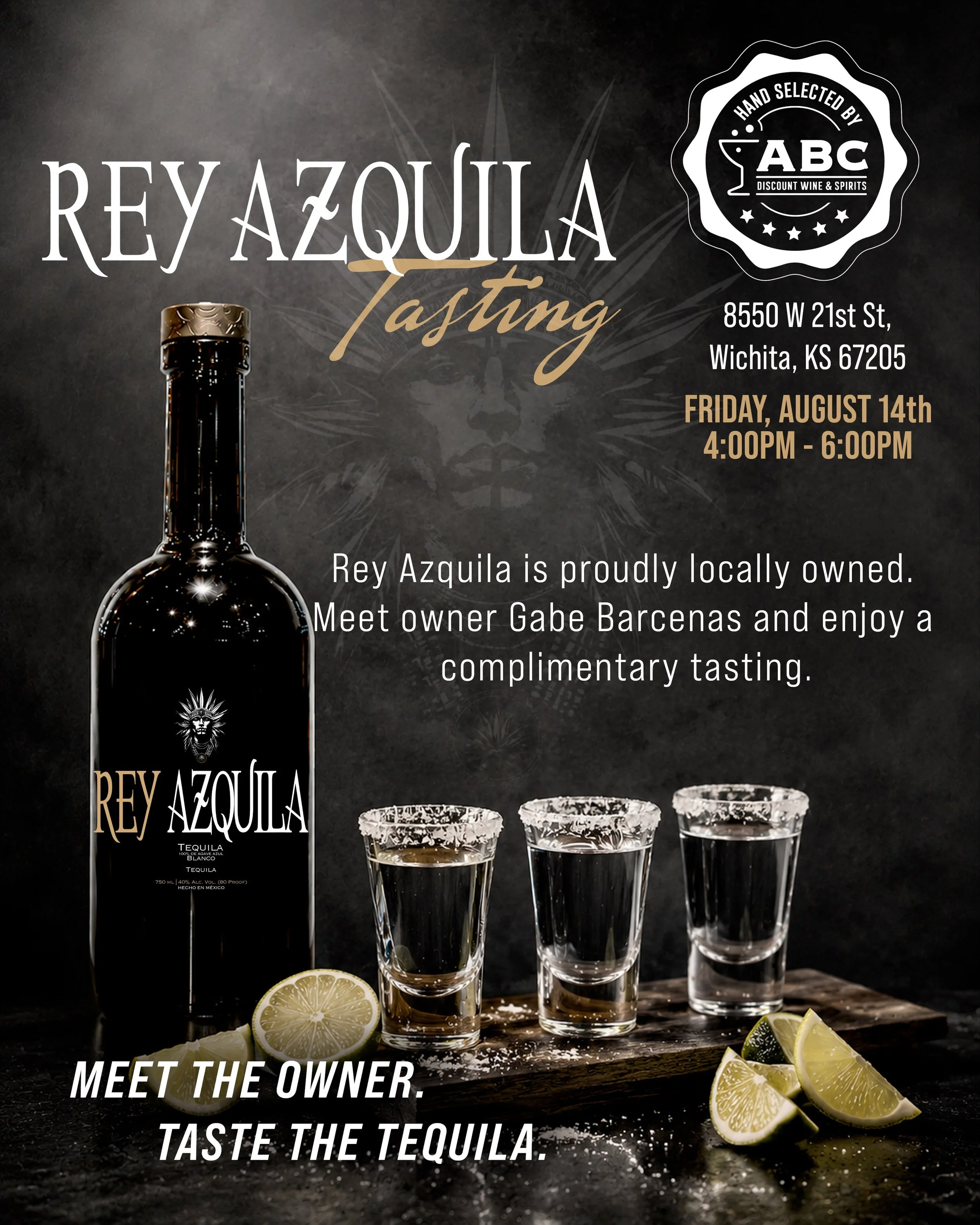 🚨 LAST MINUTE WICHITA &mdash; WE&rsquo;RE POPPING UP TODAY! 🥃

Catch Rey Azquila at ABC Discount Wine &amp; Spirits from 4&ndash;6 PM TODAY for a complimentary tasting.

No big buildup on this one, just decided to get out, pour some tequila, meet s