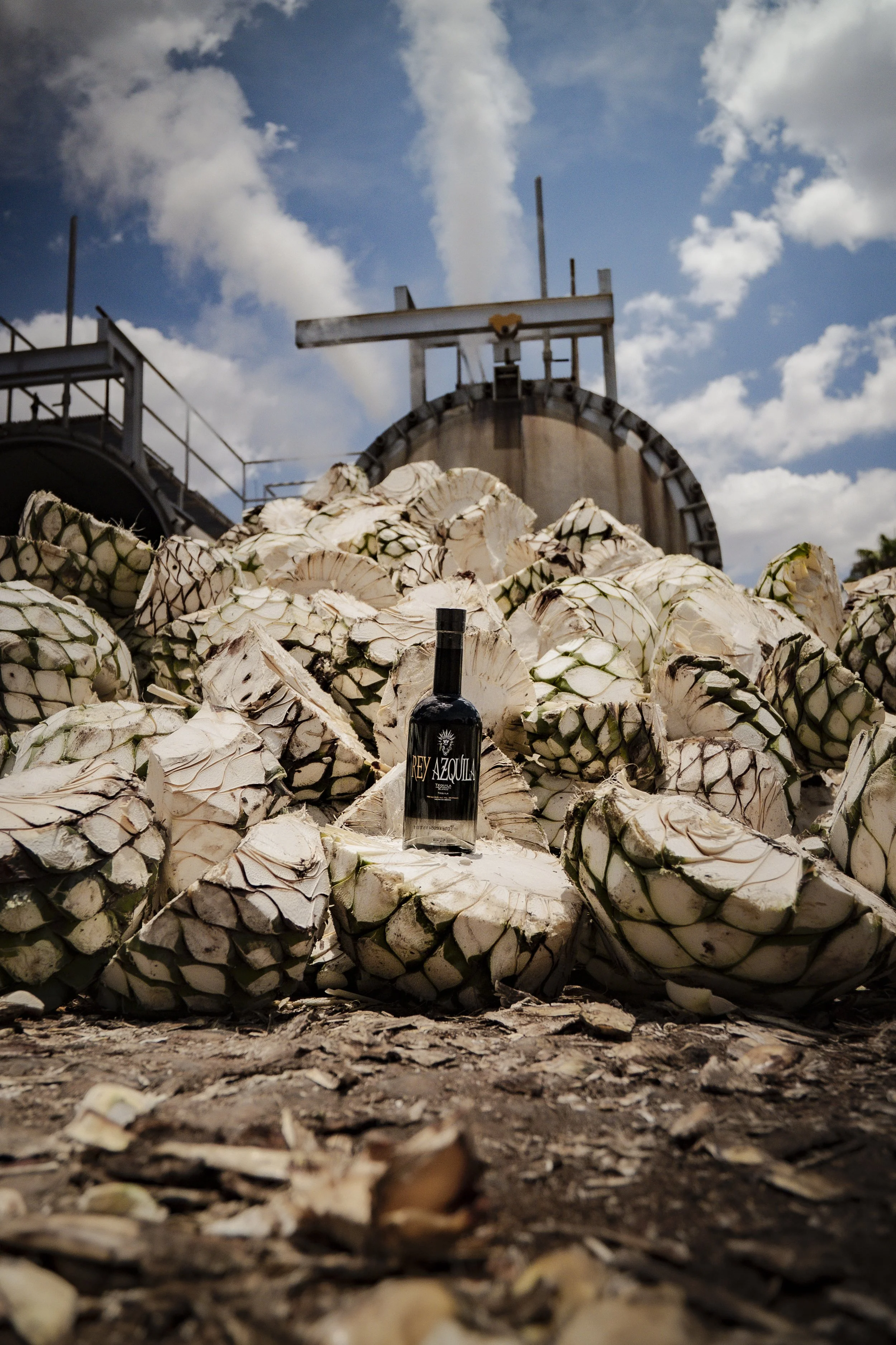 A bottle of Grey Azule tequila placed on a pile of cut agave plants, with a blue sky with scattered white clouds overhead and industrial equipment in the background.