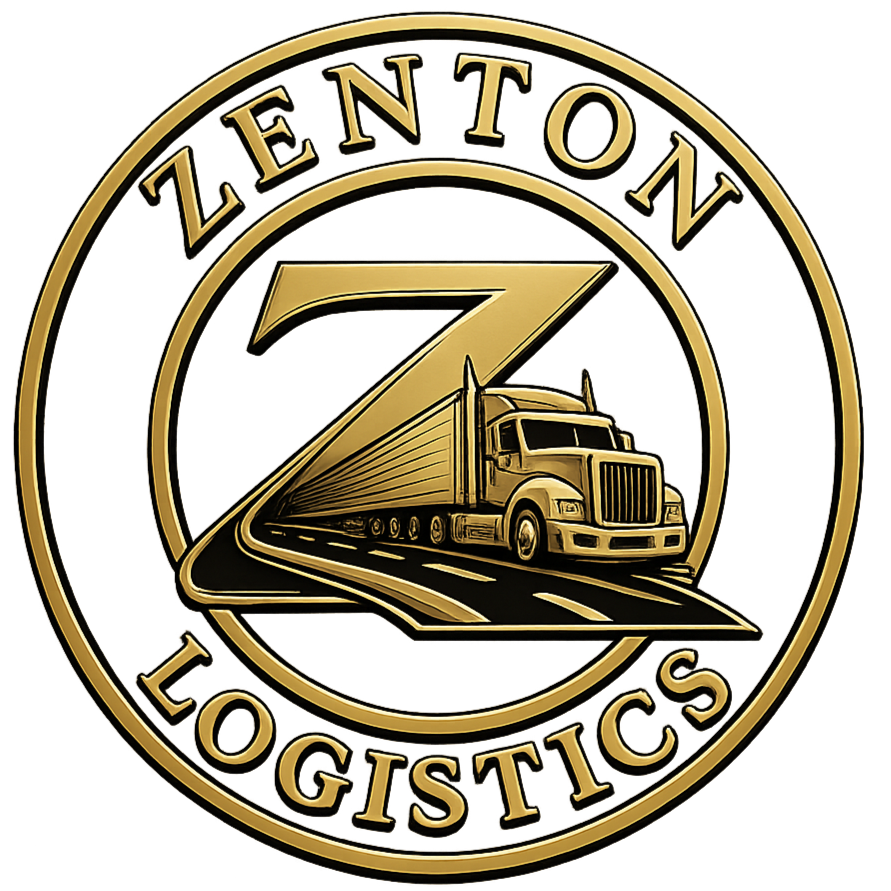 A circular logo for Lention Logistics featuring a stylized gold semi-truck with a curved road and a large letter 'Z' in the background, with red, white, and blue accents.