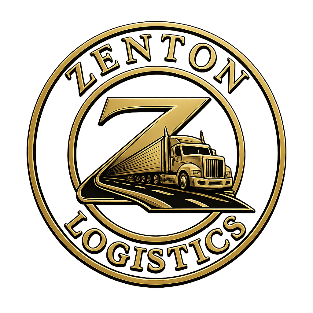 Gold and black logo for Zenton Logistics featuring a semi-truck driving along a road with a large Z symbol, and the words 'Zenton Logistics' around the circle.