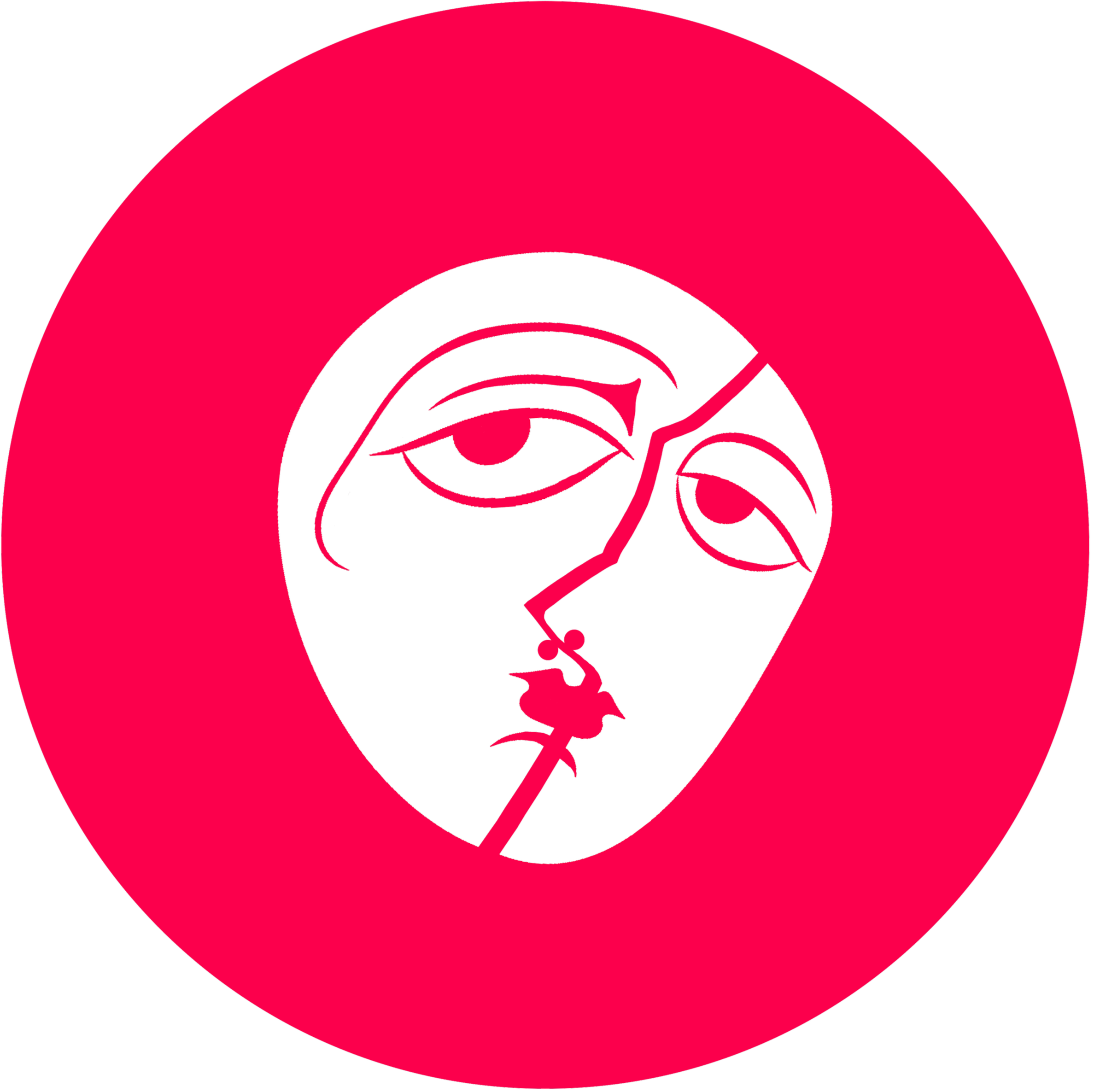 Close-up of a black and pink logo with a stylized eye and hand design on a pink circular background.