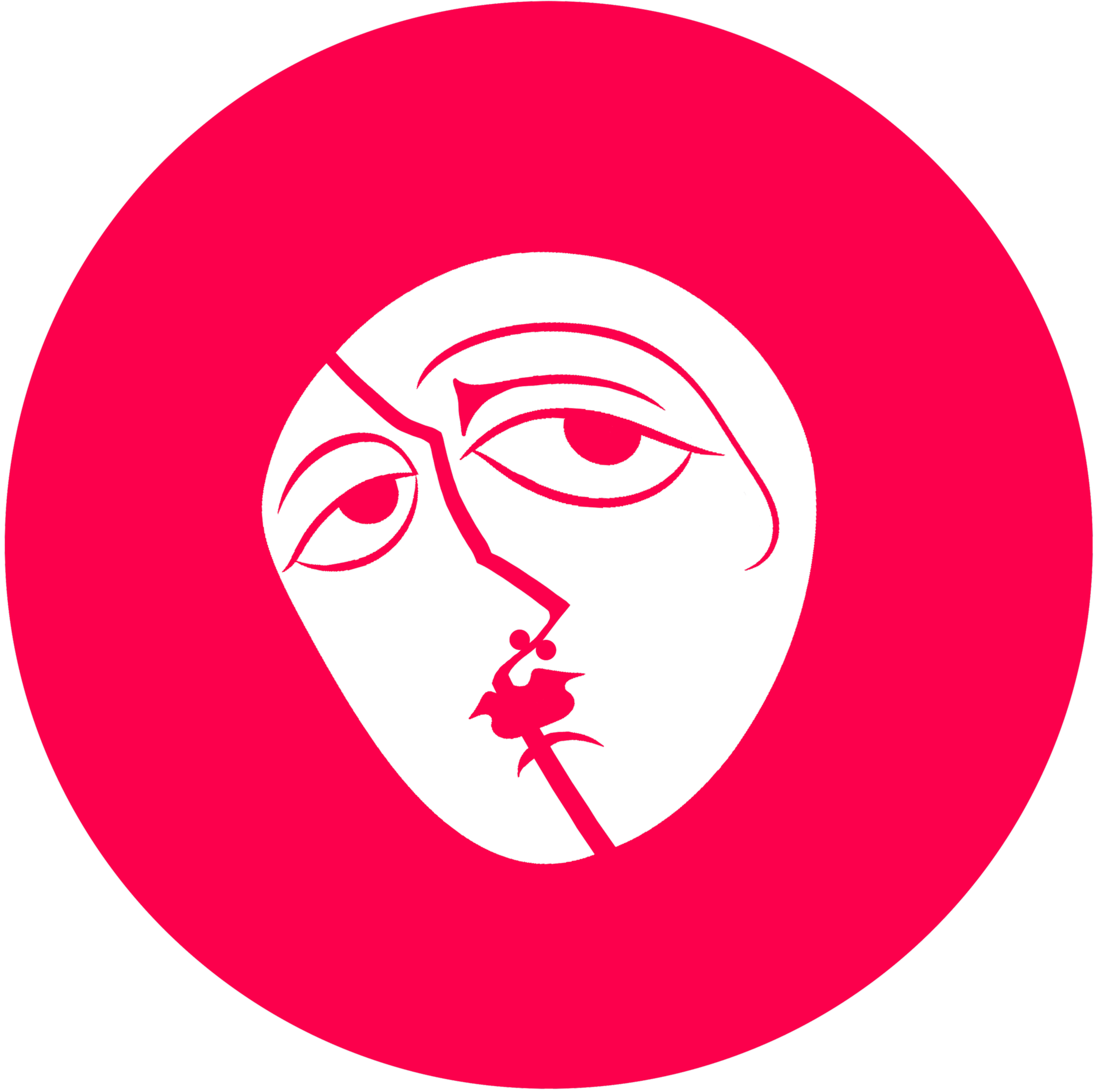 A stylized pink planet with a black and pink face inside.
