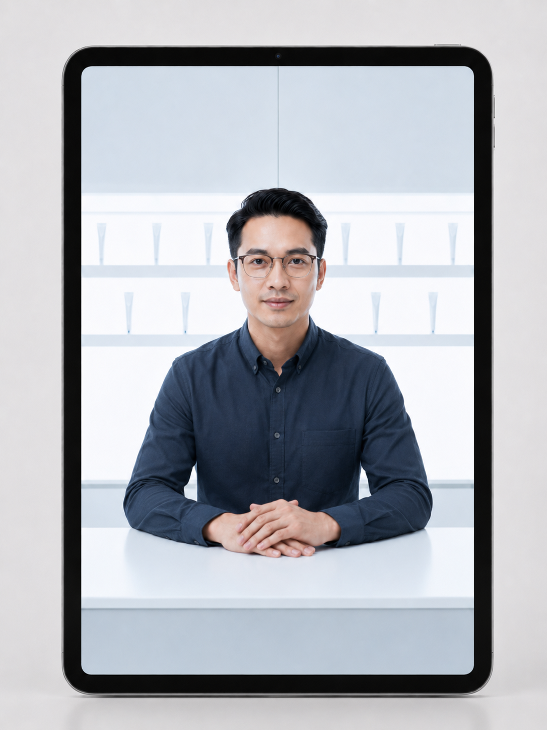 Smartphone screen showing a portrait of a young man with black hair and glasses, wearing a dark blue shirt, sitting at a white table in a modern, minimalistic room.