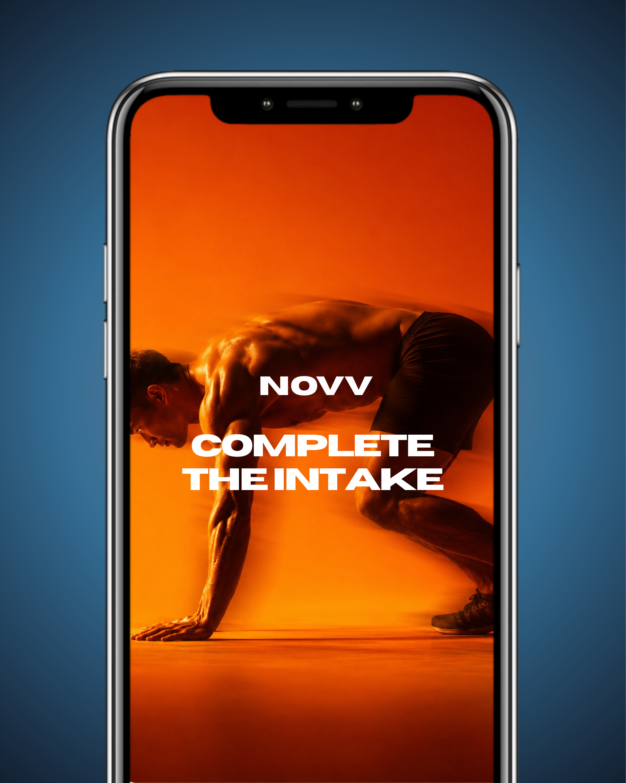 Smarphone screen displaying a fitness app with an image of a person doing yoga at sunset, with the text "Now Complete the Intake" overlaid.