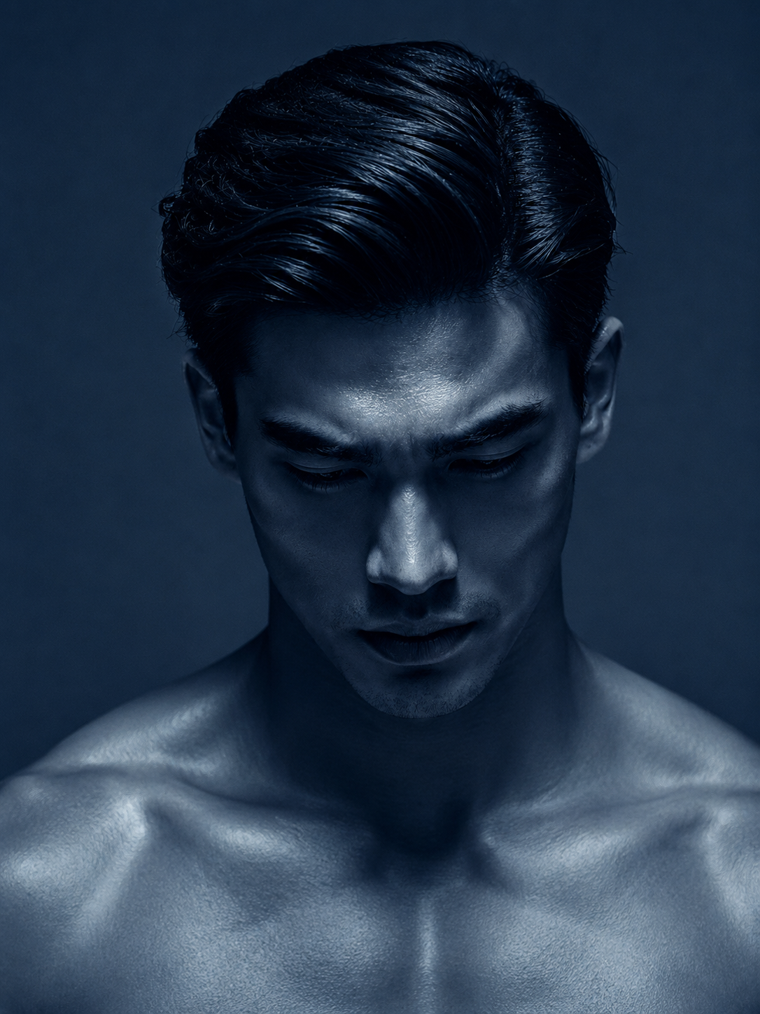 A close-up portrait of a young man with slicked-back hair, looking downward with a serious expression, bare shoulders, and a dark background.