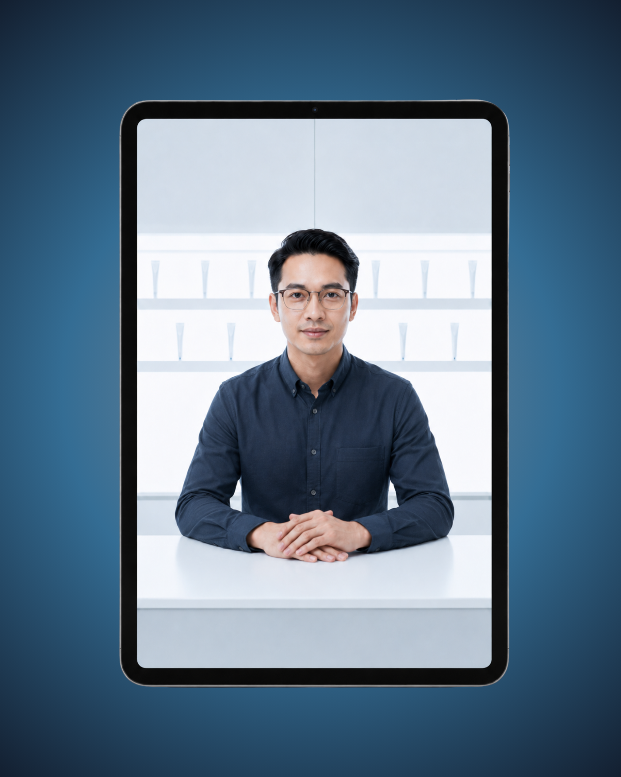 A digital tablet displays a video call with a young man with dark hair, glasses, and wearing a dark shirt, sitting at a white table with his hands clasped.