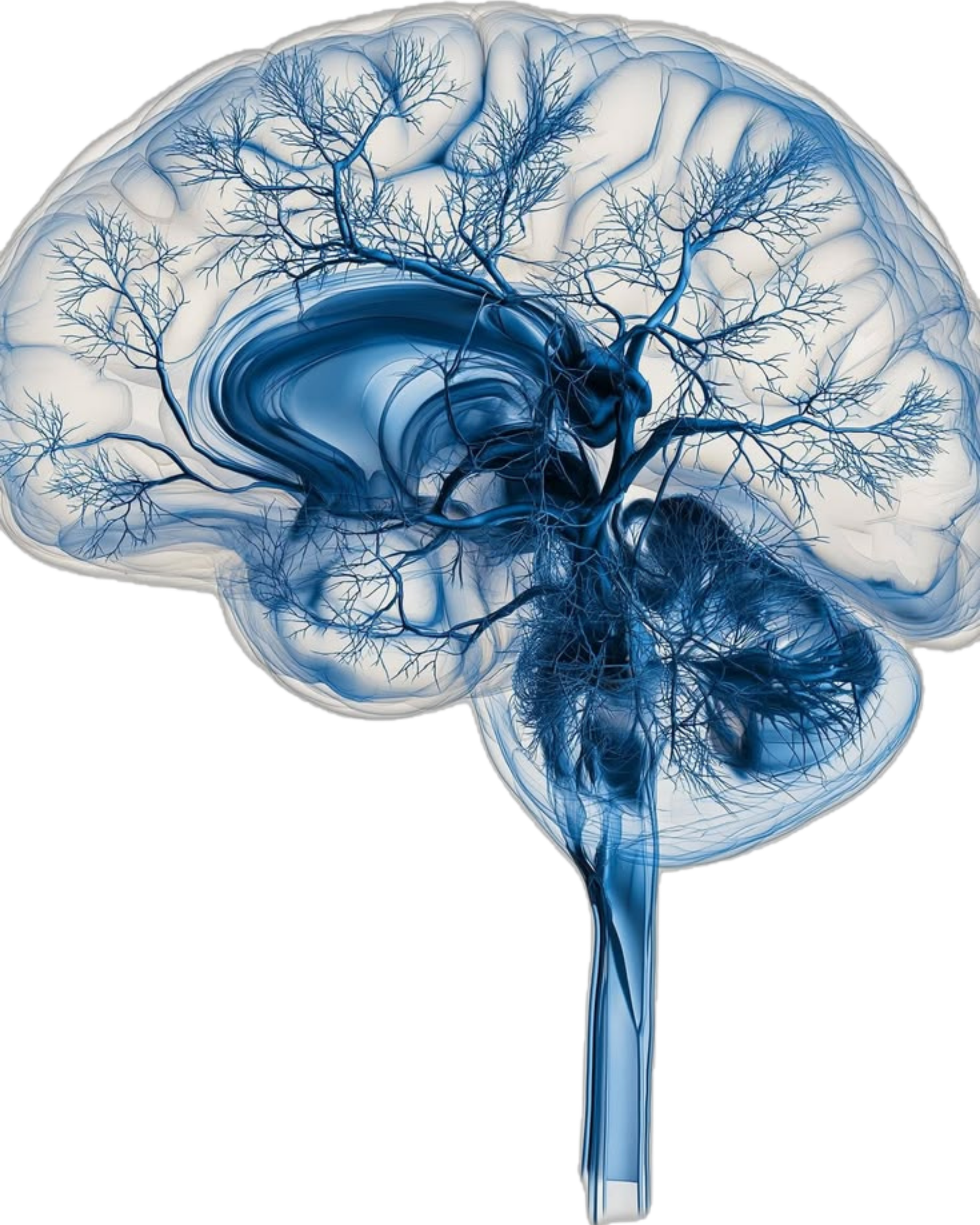 A digital illustration of a human brain with an overlay of a complex blue tree-like network of blood vessels.