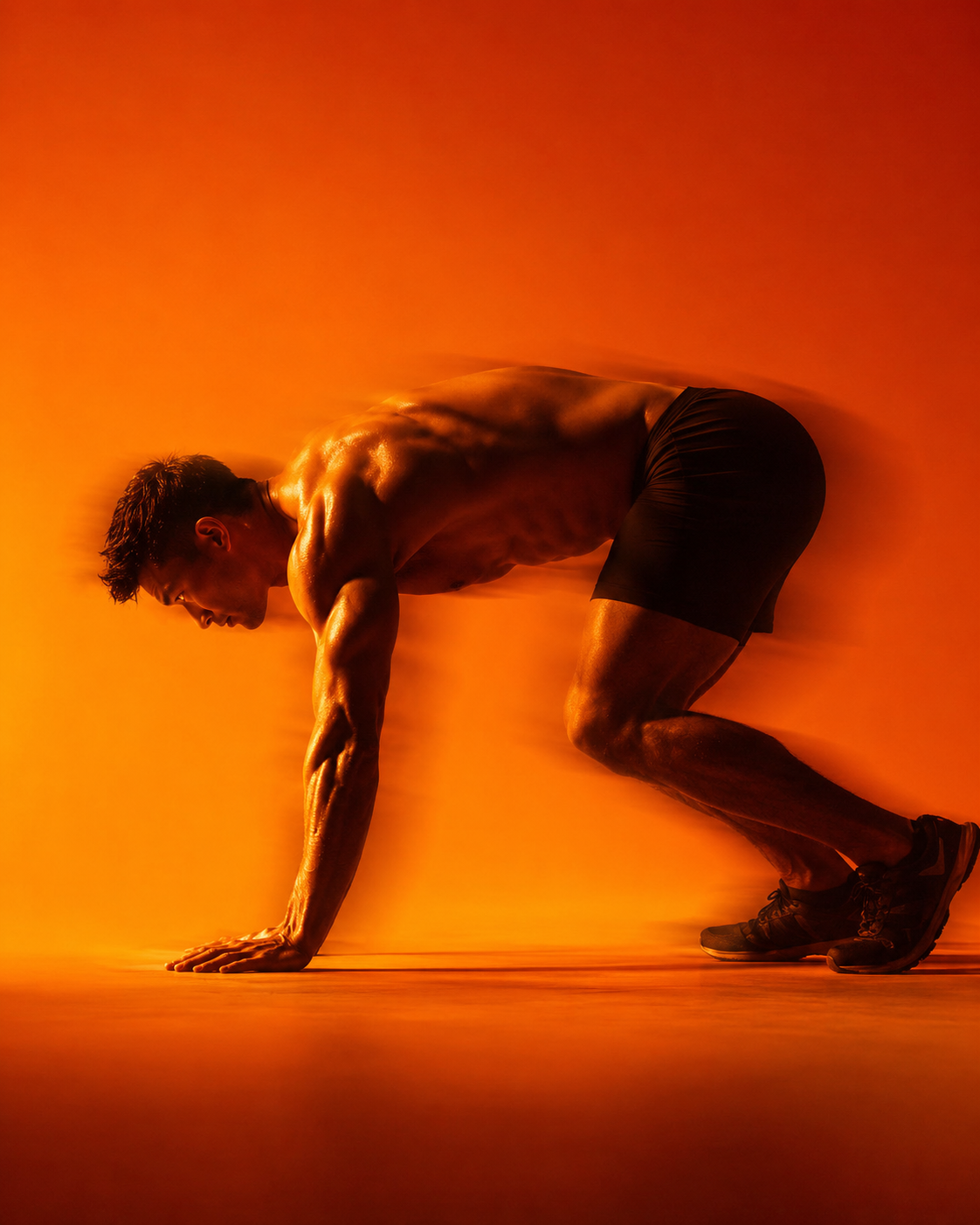 A male athlete in black shorts and athletic shoes in a gym, pushing into a plank pose on an orange background.