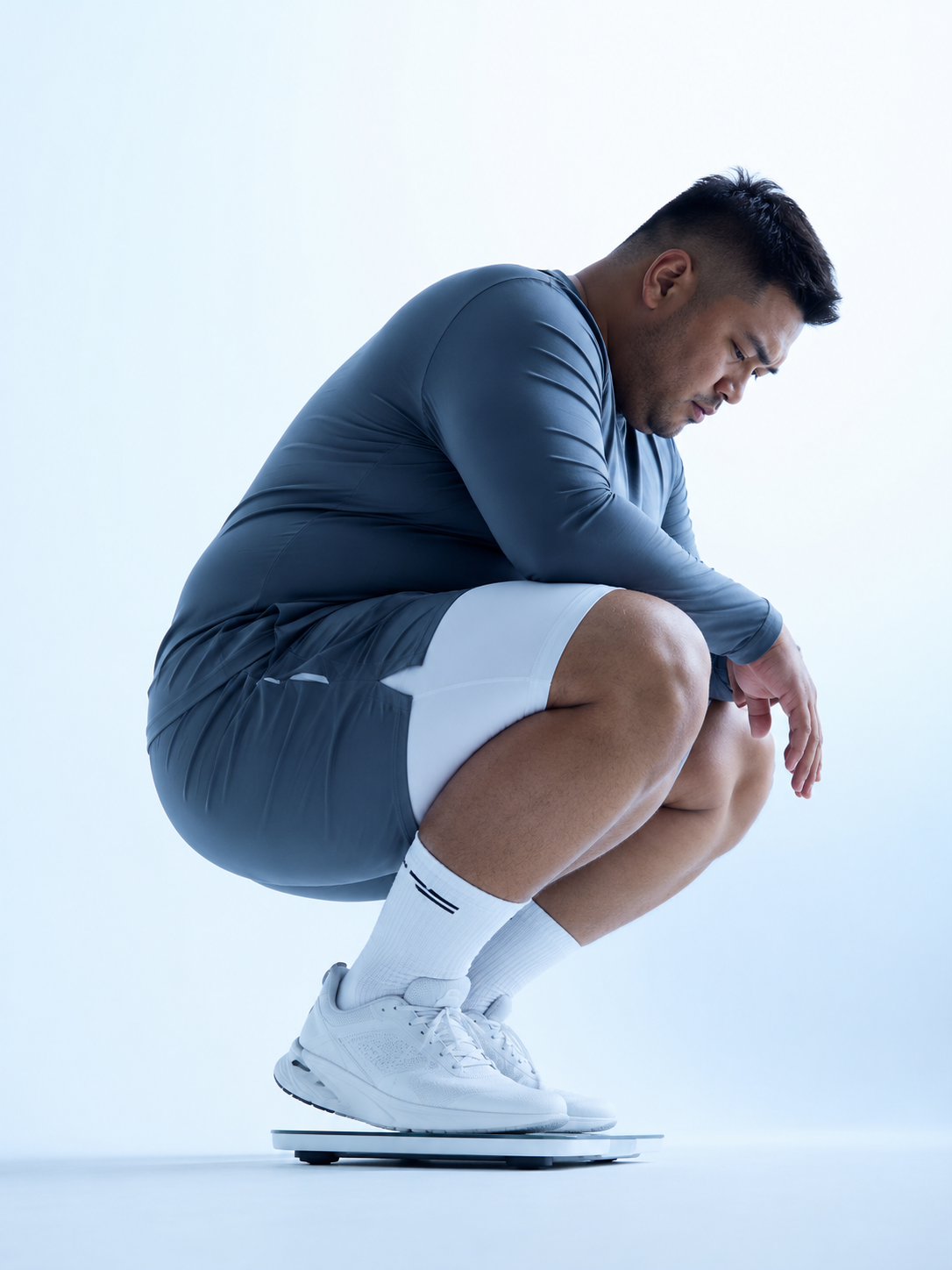 Man wearing sportswear squatting on a scale in a minimalist setting.