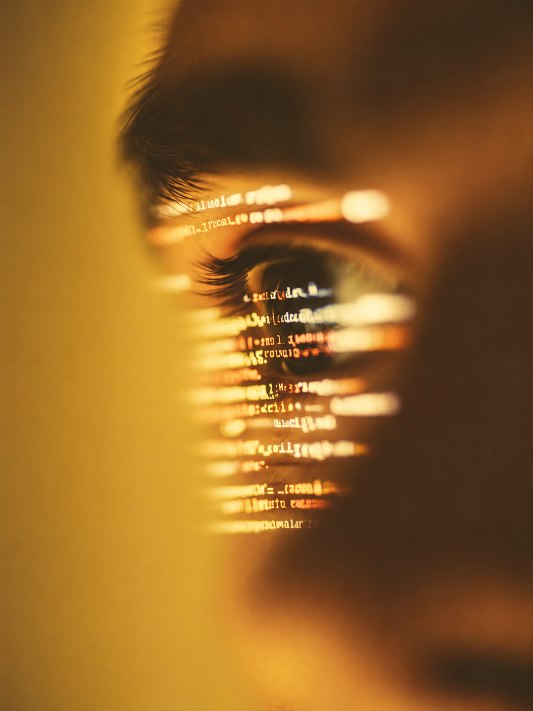 A close-up of a person's eye reflecting computer code on the screen.