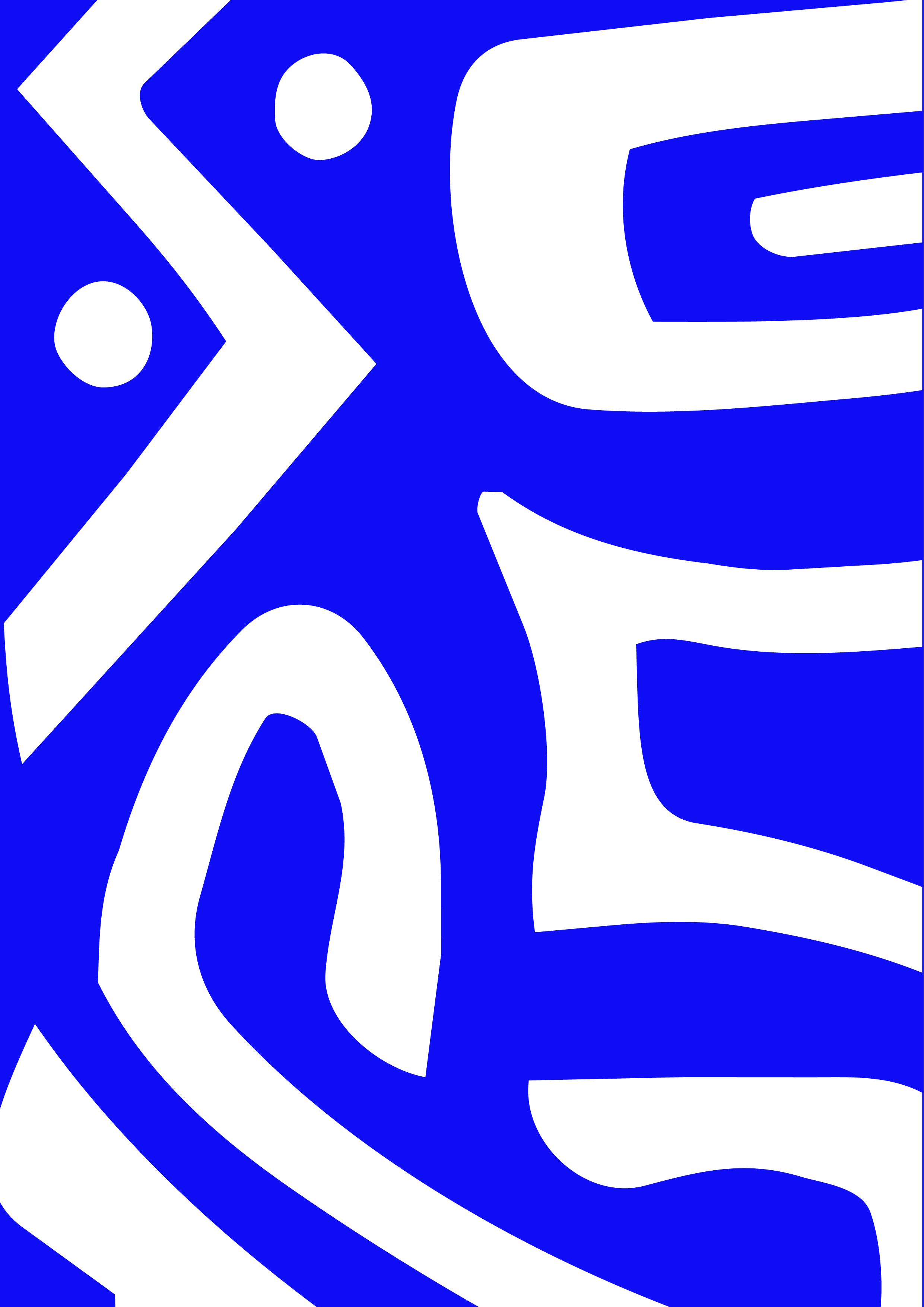 Abstract blue and white geometric design with large stylized letters.