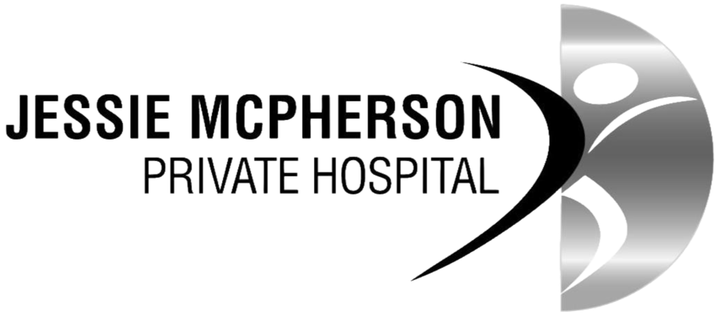 Logo for Jessie Morpenson Private Hospital with a stylized abstract human figure in black and gray.