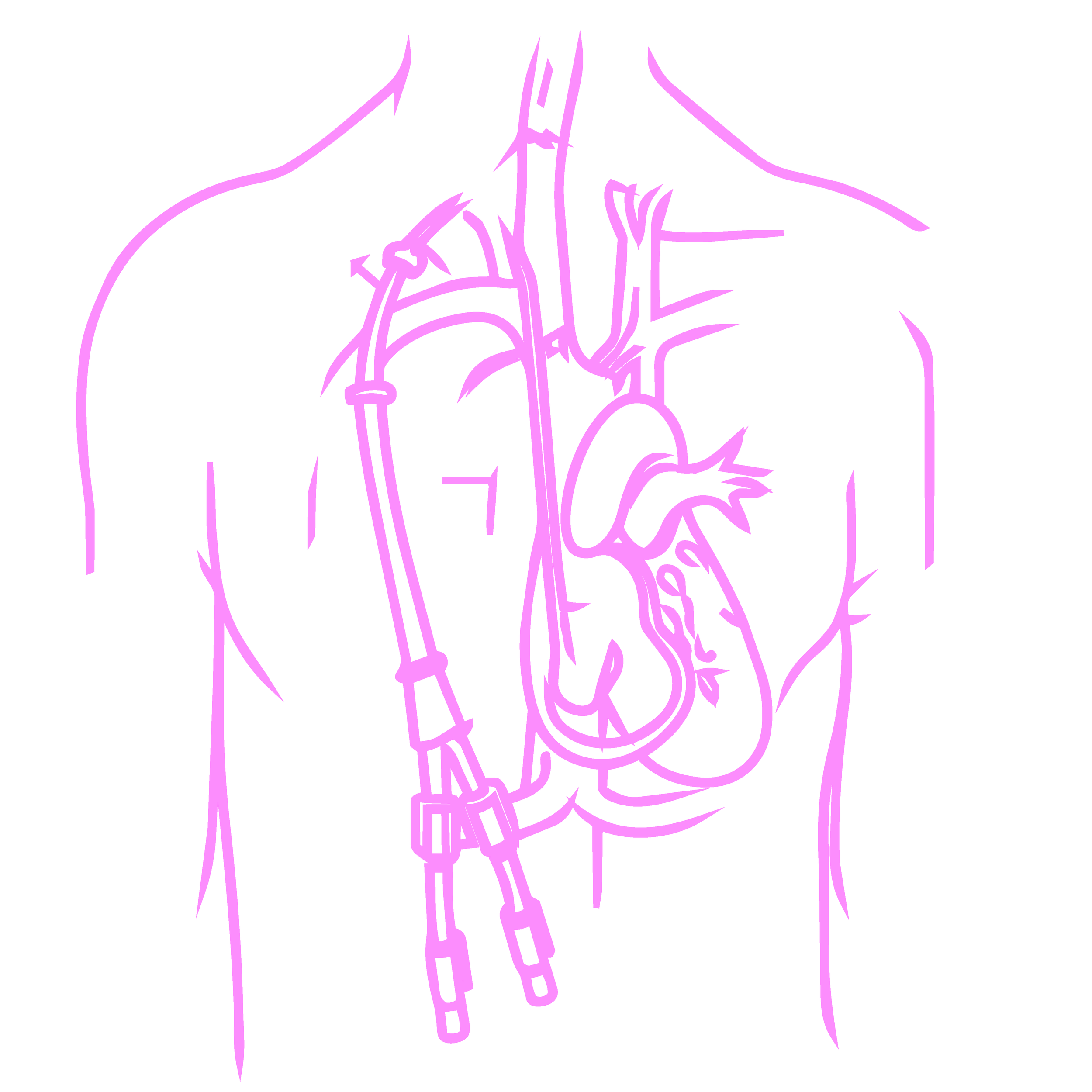 Outline drawing of a person with a beard playing a saxophone, surrounded by abstract lines, all in pink
