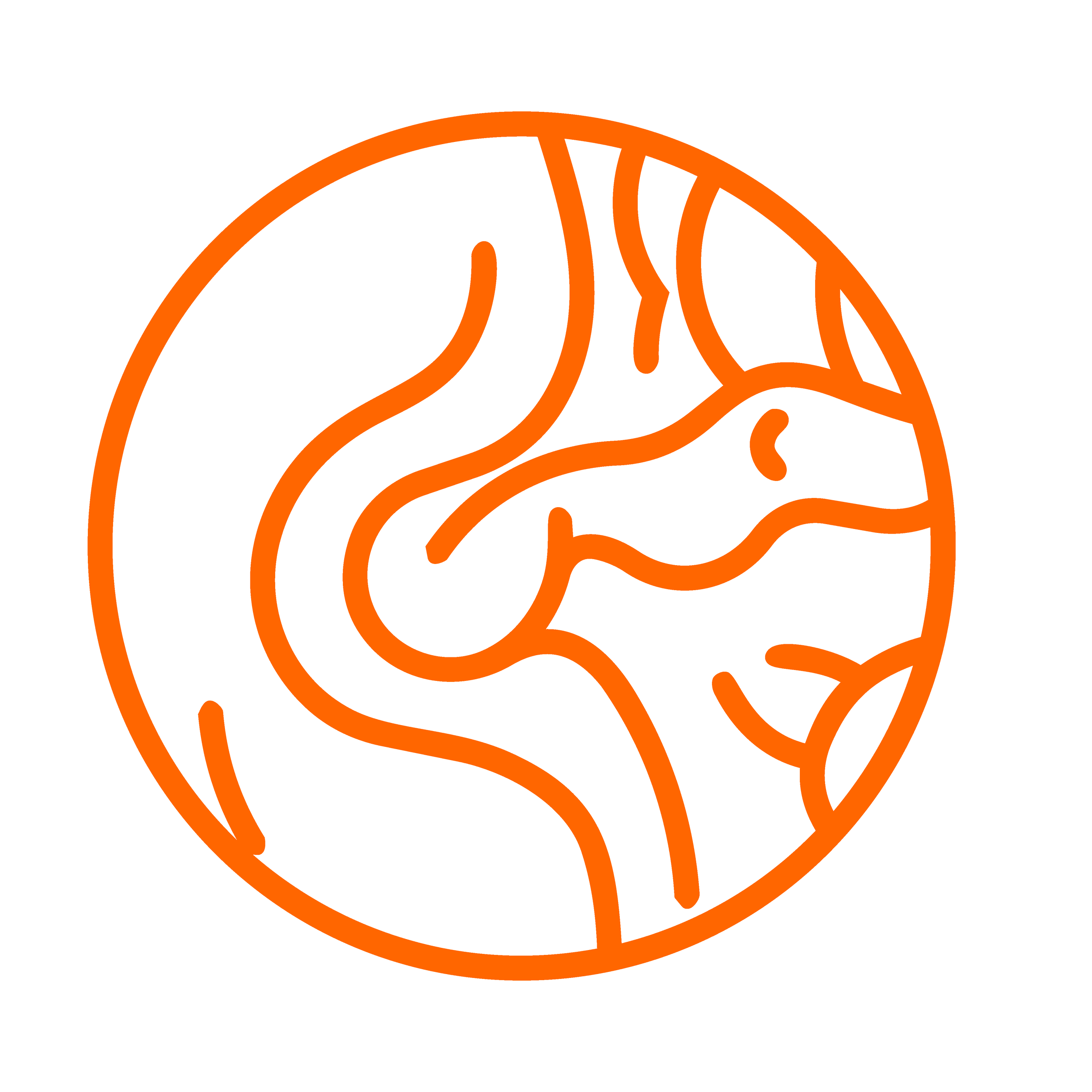 A stylized orange outline of a human brain.