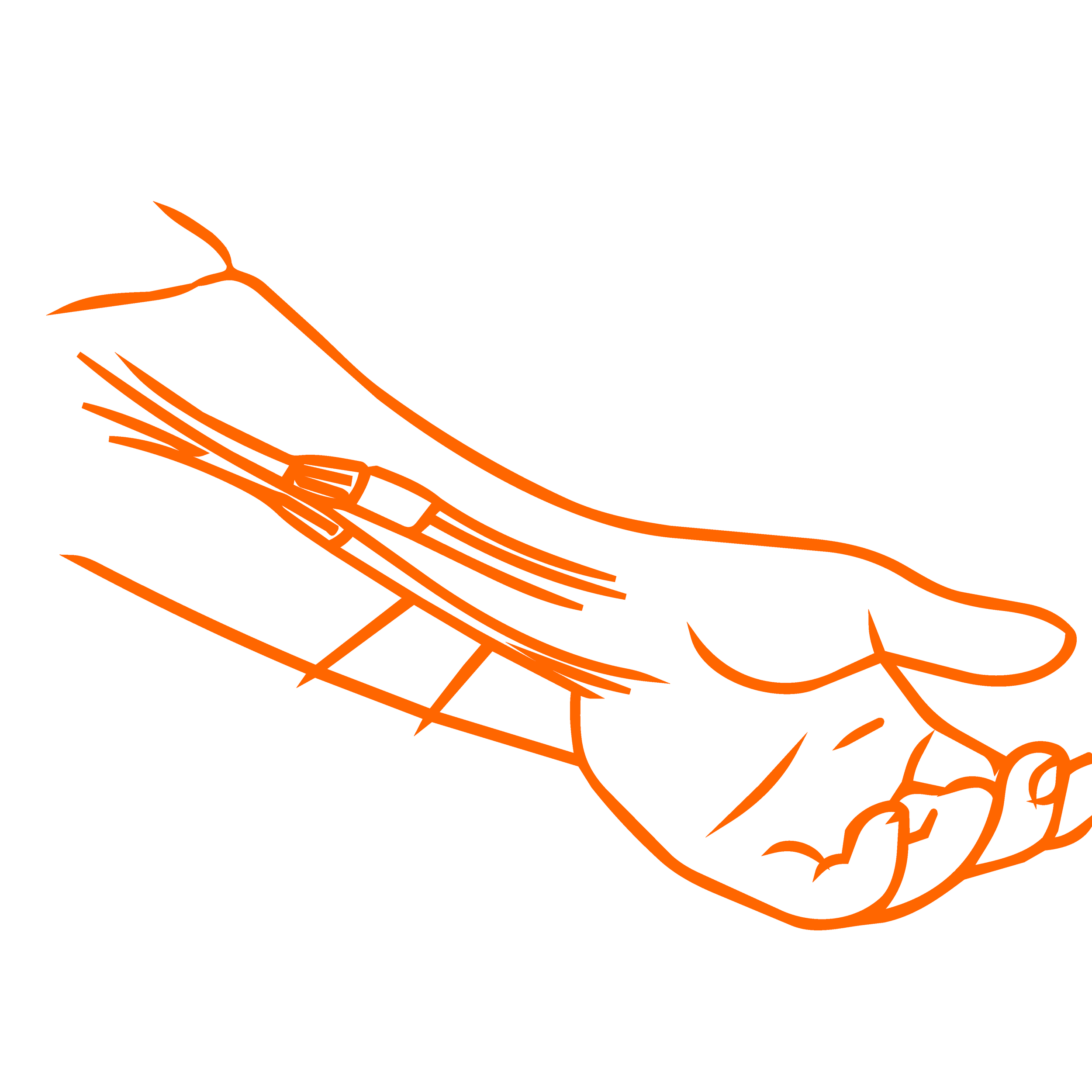 Outline drawing of a hand holding a basket, depicted in orange lines, over a white background.