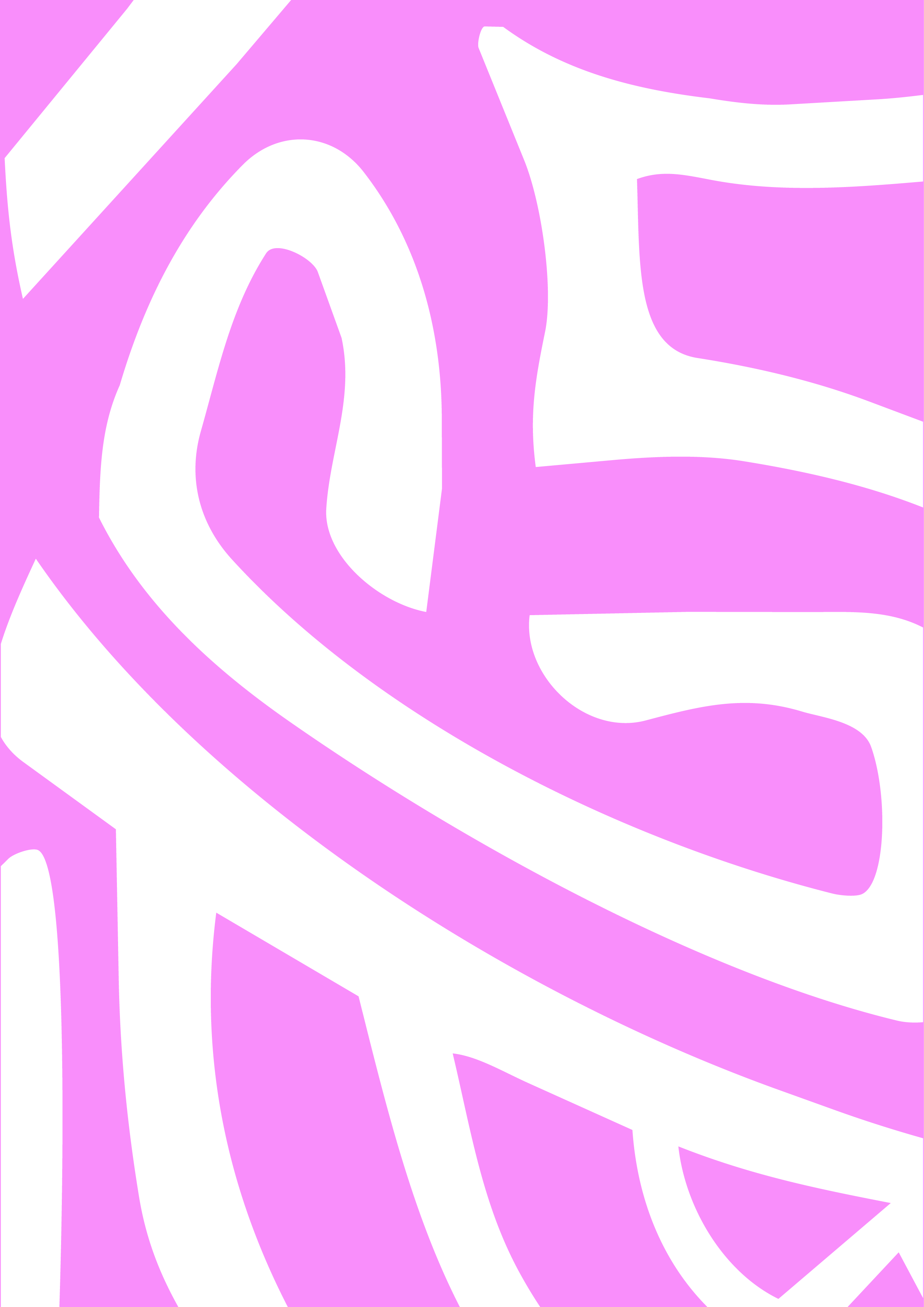 Abstract illustration with large, stylized white letters on a pink and purple background.