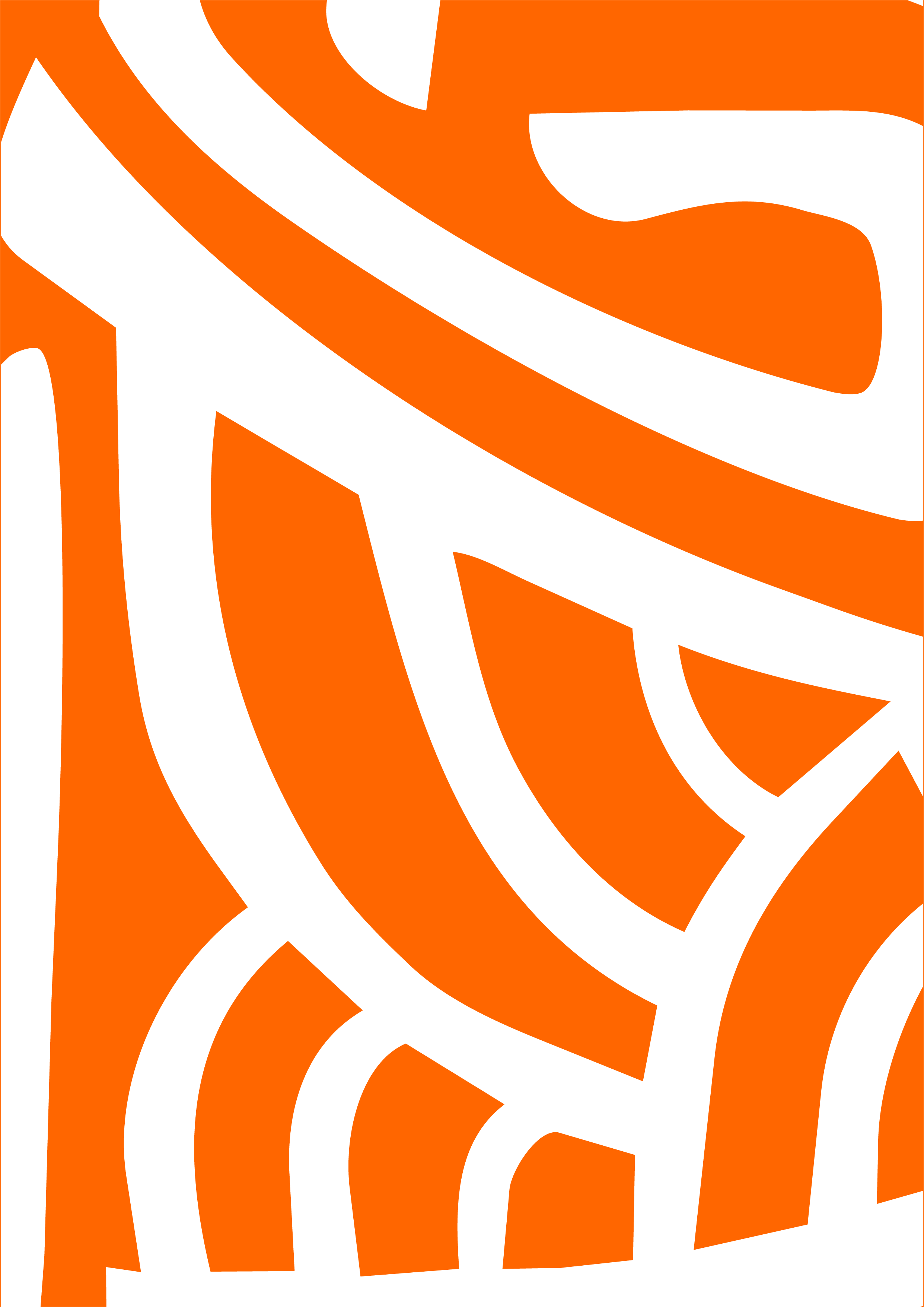 A geometric abstract design with orange and white wavy lines and shapes.