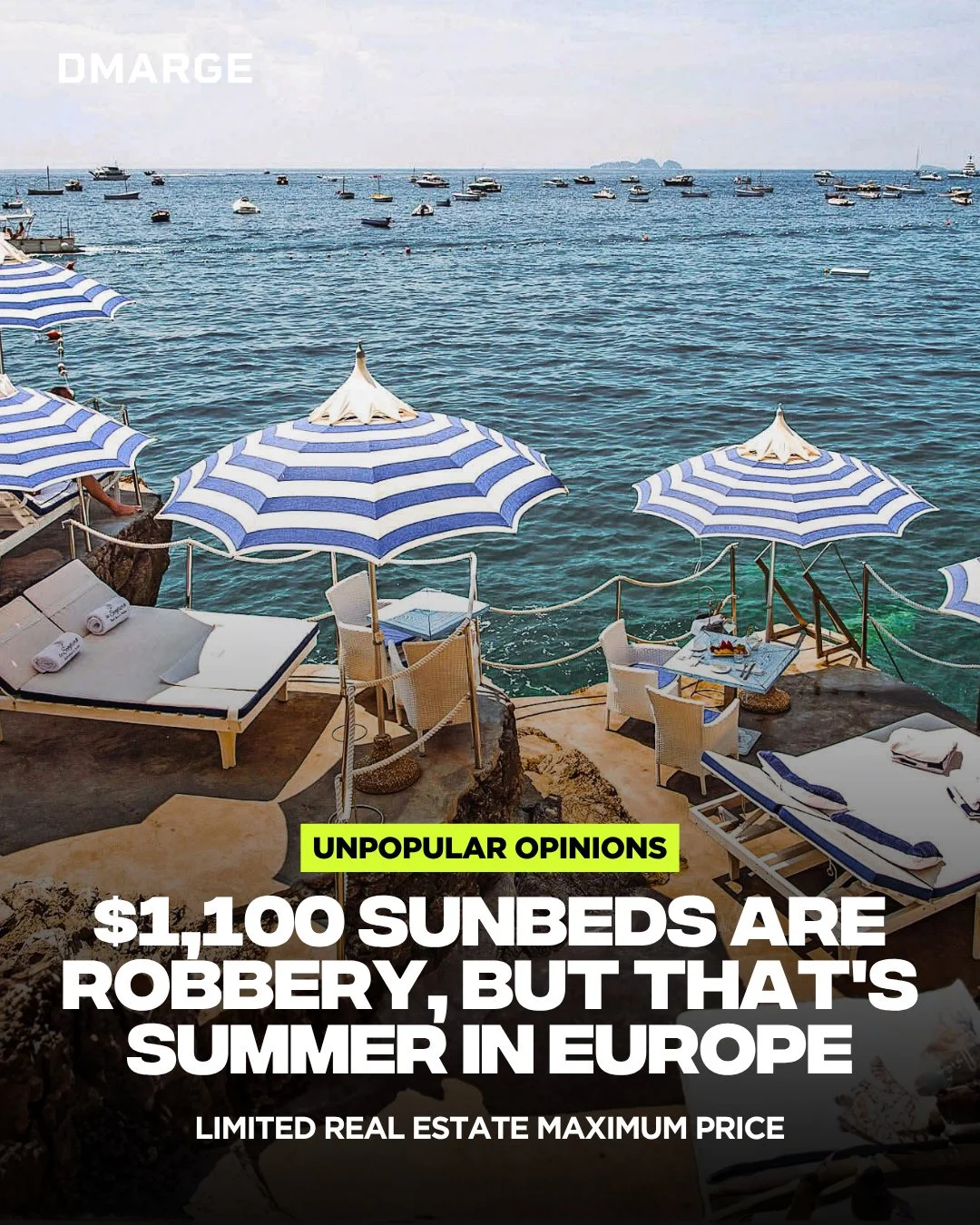 $1,100 for a sunbed sounds ridiculous until you realise half of Europe is paying it.⁠
⁠
In Positano, some of the most exclusive beach clubs are charging &euro;550 to &euro;700 for two people during peak summer. That gets you front-row loungers, umbre
