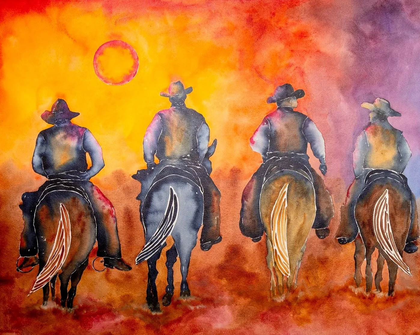 Watercolor painting of four cowboys riding horses, seen from behind, with a bright orange and purple background and a red sun or moon.