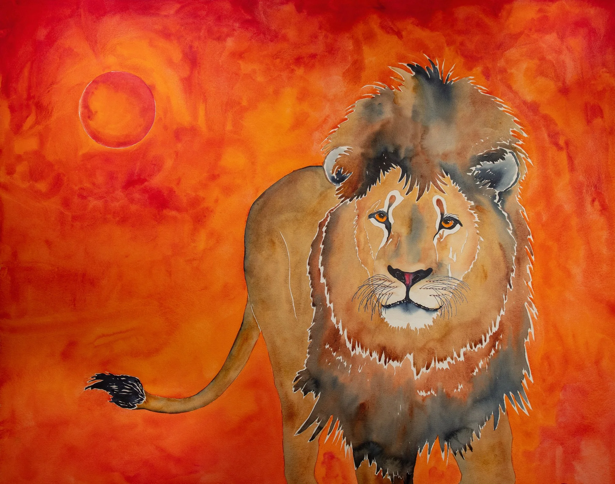 Watercolor painting of a lion with a fiery orange background and a red sun in the sky.