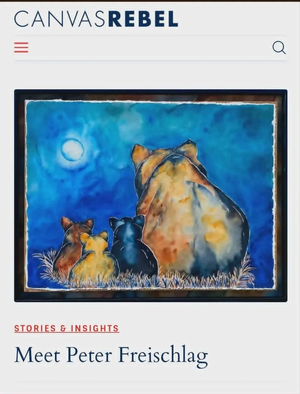 Webpage featuring a watercolor painting of a bear and its three cubs sitting in tall grass under a moonlit sky.