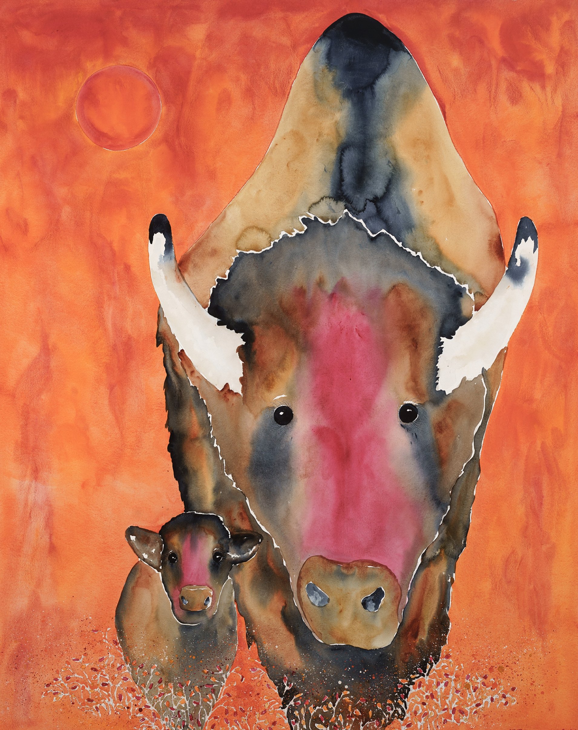 Watercolor painting of a bison with calf with a bright orange background and a red sun.