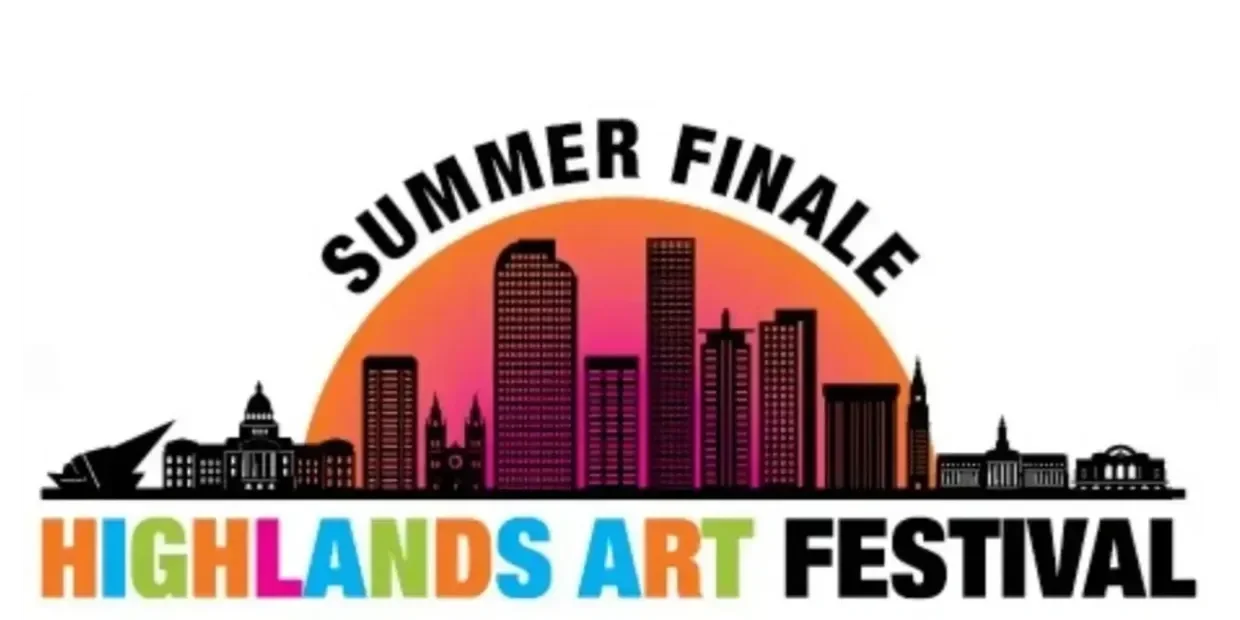 Illustration of a city skyline with buildings and landmarks, a sunset background, and the text 'Summer Finale Highlands Art Festival' in colorful and bold font.