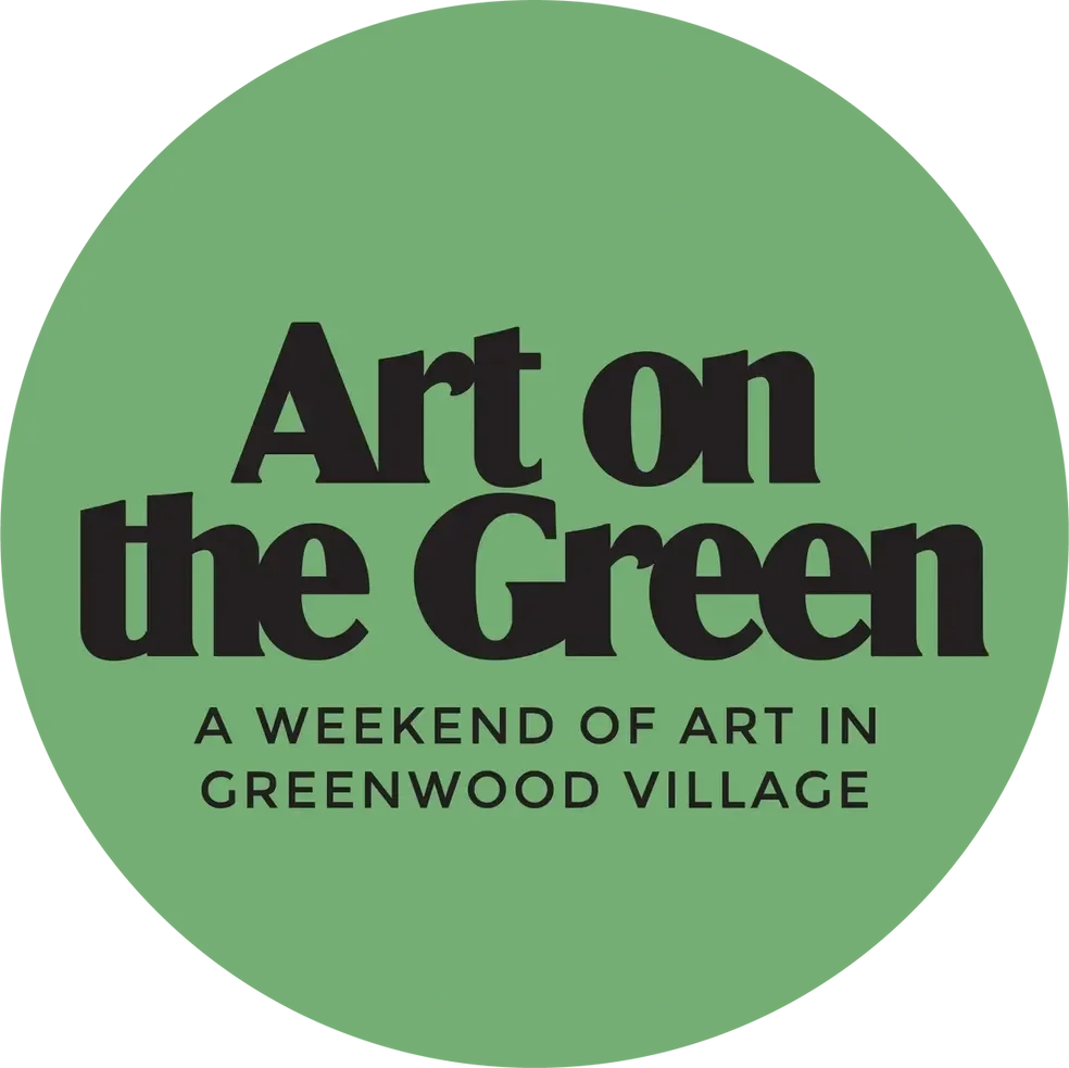 Green circular logo with black text promoting an art event called 'Art on the Green,' a weekend of art in Greenwood Village.