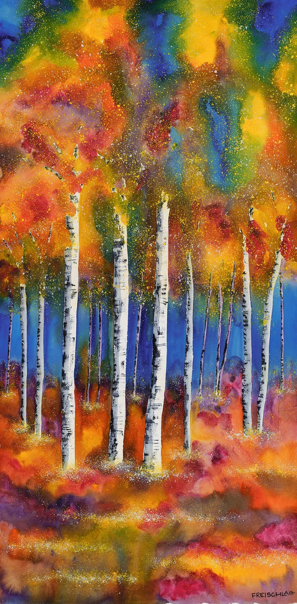 A watercolor painting of a colorful aspen forest with vibrant autumn leaves in shades of red, orange, yellow, green, and blue, with a background of splattered paint.
