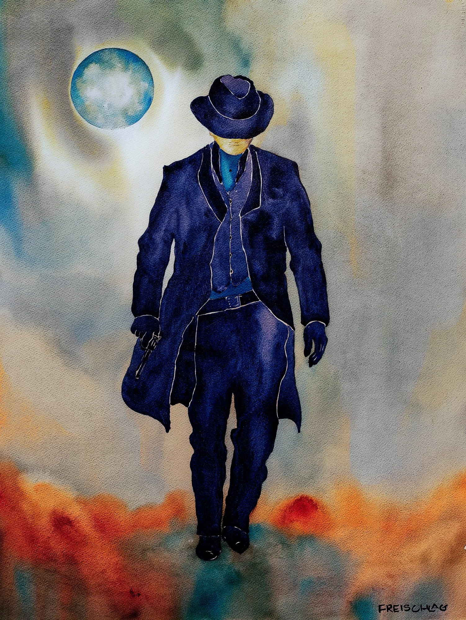 Watercolor painting of the outlaw Sam Bass wearing a large black hat, coat, and gloves, holding an umbrella, walking outdoors at sunset with a cloudy sky and orange-red landscape in the background.