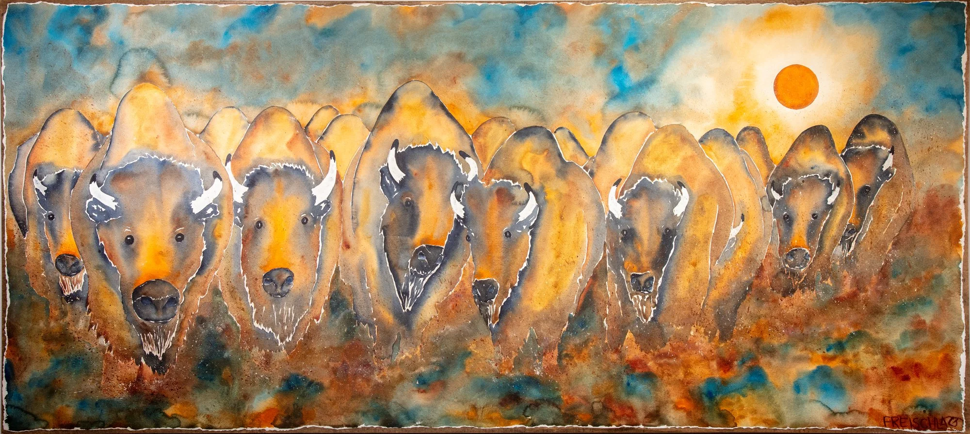 Under the Orange of a Bison Sunset 36x80
