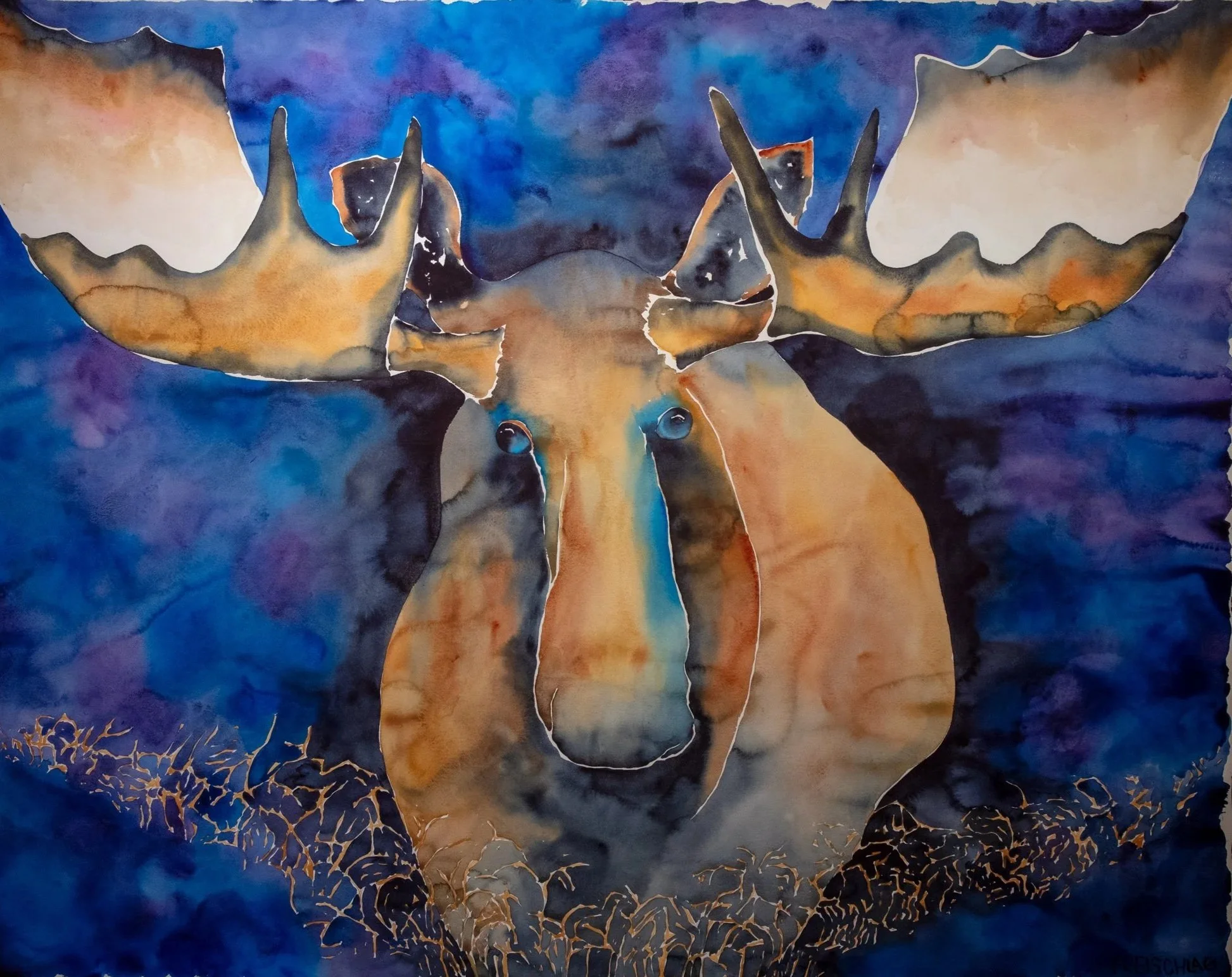 Abstract watercolor painting of a moose with large antlers, set against a blue and purple background with gold accents.
