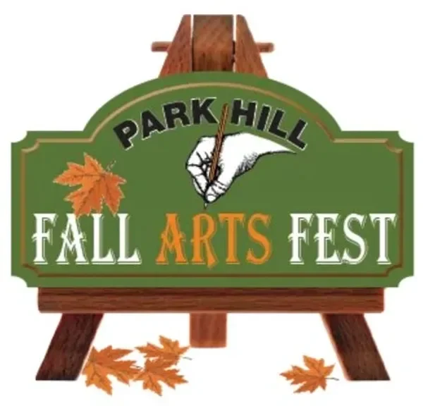 Sign for Park Hill Fall Arts Fest featuring autumn leaves, and a depiction of a hand drawing or writing with a pen.