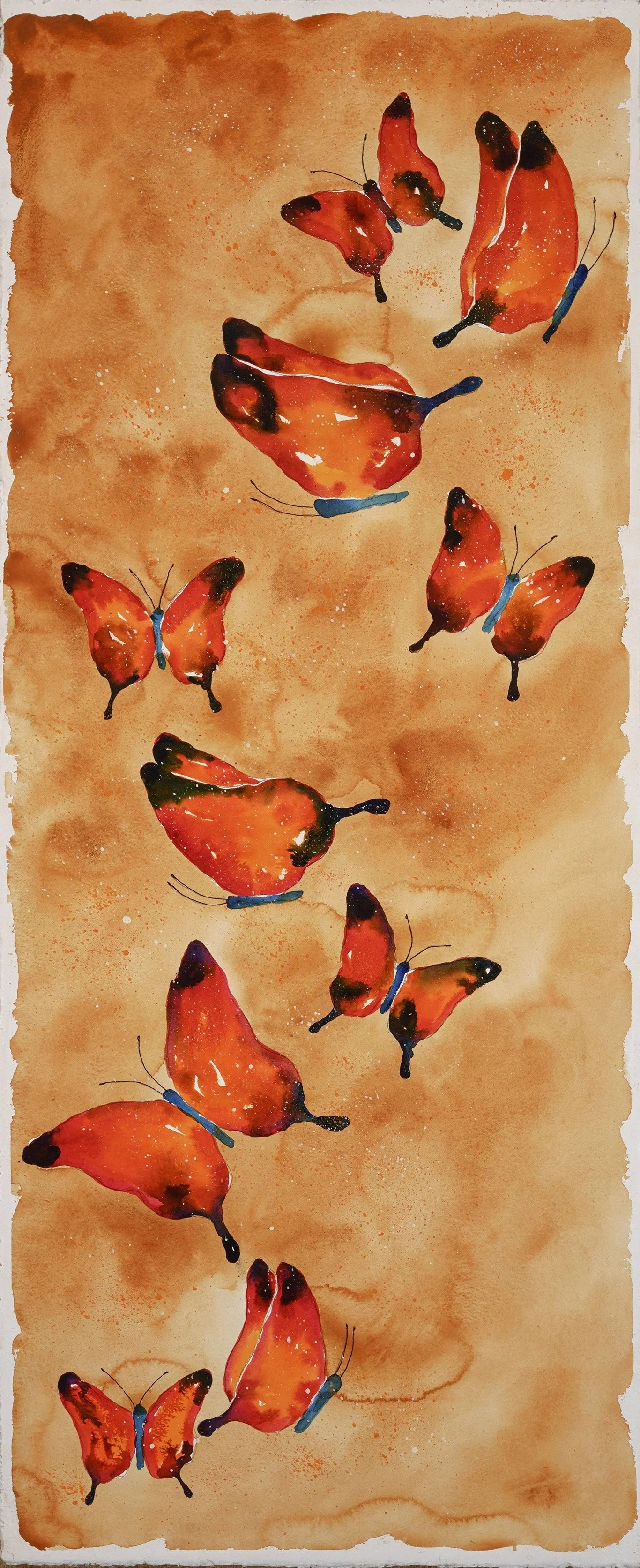 Watercolor painting of orange butterflies with black tips on their wings and blue bodies, flying against a warm, textured beige background.