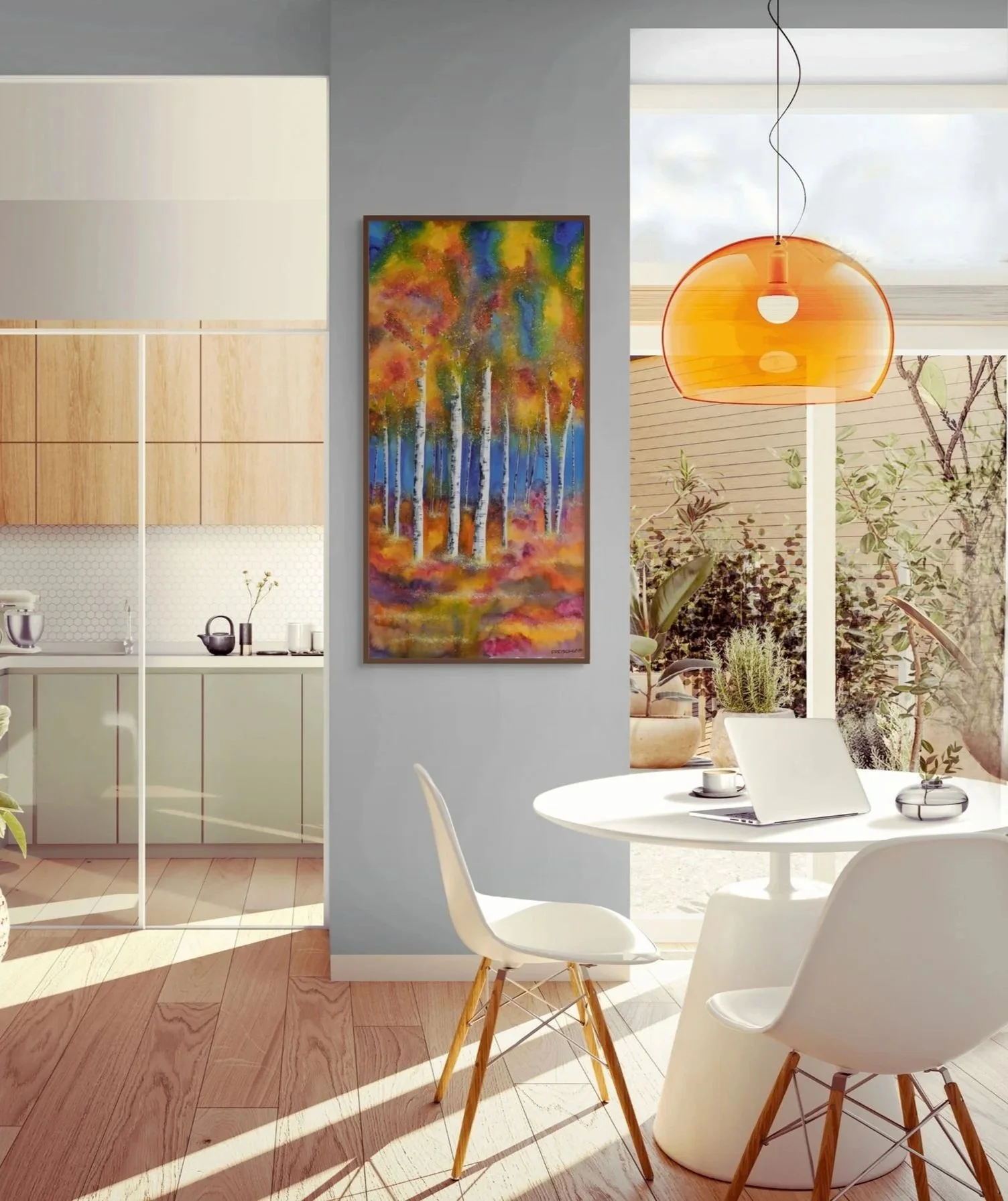 Bright and modern dining area with white chairs around a white table, a laptop, a cup, and modern decor. An orange pendant light hangs above, and a colorful abstract painting of a forest with orange, green, and blue hues decorates the wall. Large windows reveal outdoor plants and natural light.