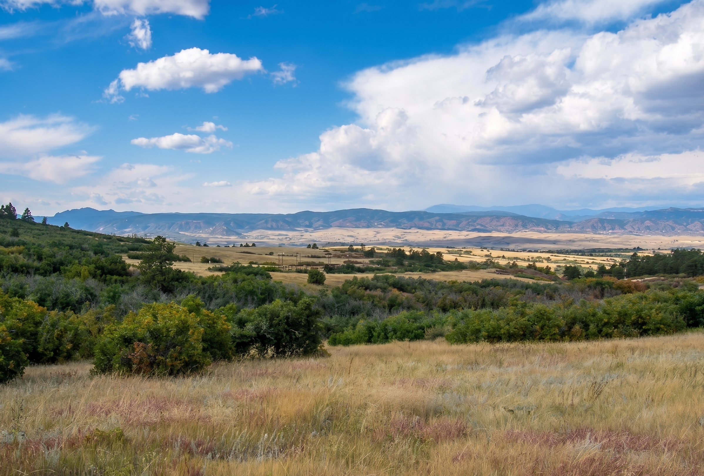 Open landscape with grassy fields, green bushes, and trees in the foreground. Mountain range under a partly cloudy sky in the background.