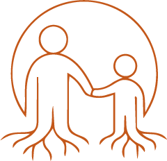 Illustration of two children holding hands and growing roots, symbolizing connection and growth.