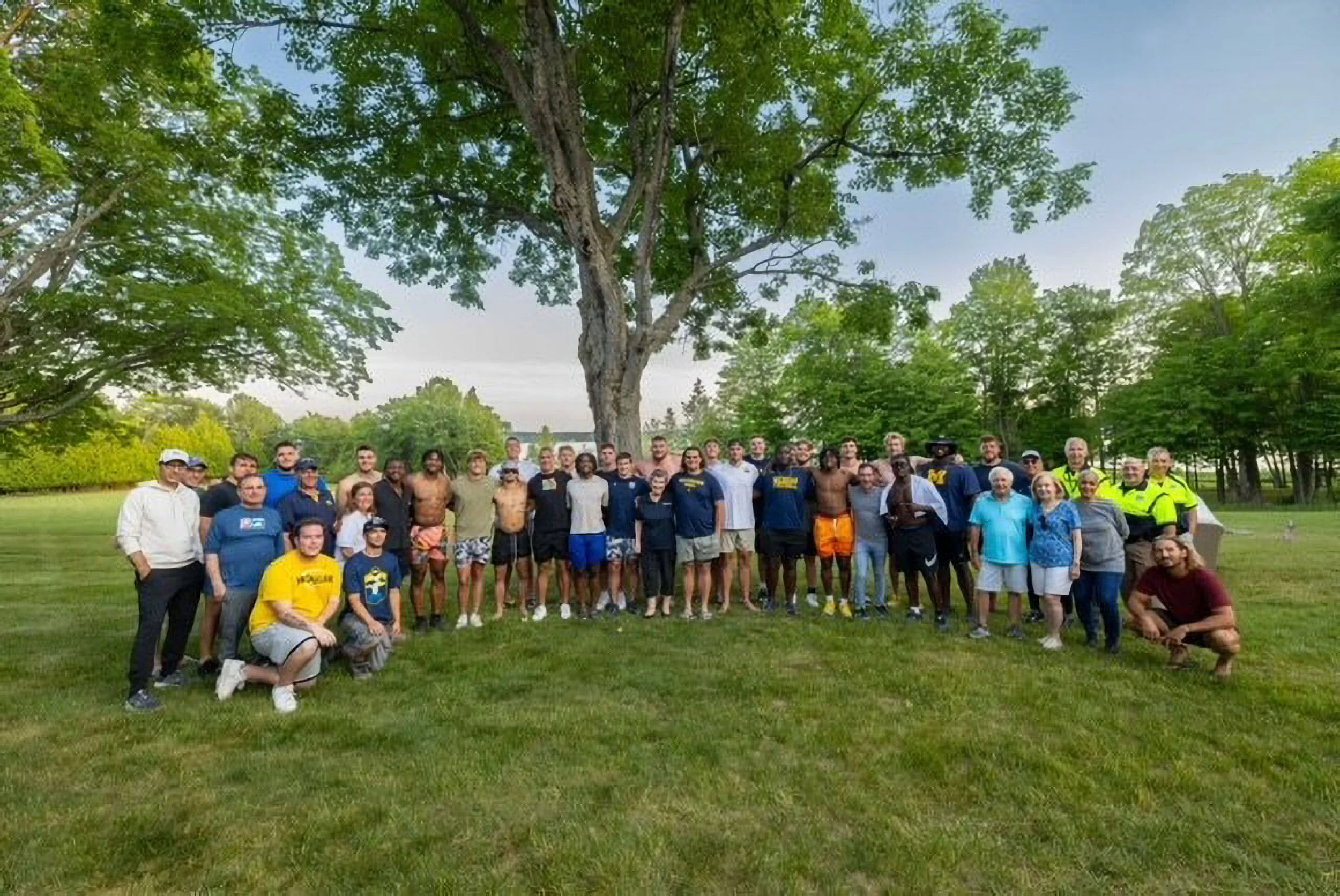 A group photo during the 2023 retreat with the Michigan offense.