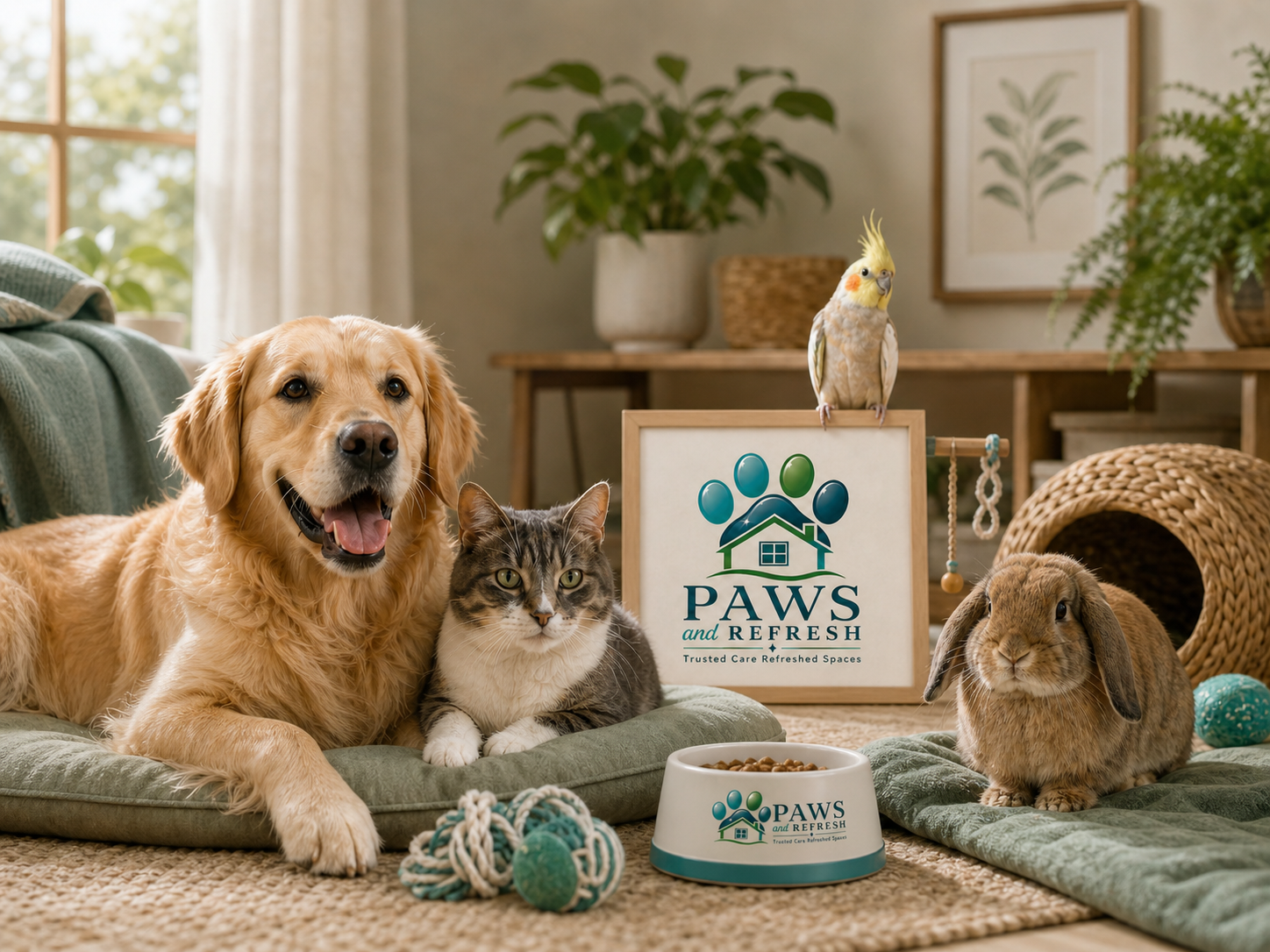 A happy golden retriever, a cat, a rabbit, a cockatiel bird, and a bowl of dog food in a cozy living room with plants and pet-related decorations, promoting PAWS and Refresh pet care services.