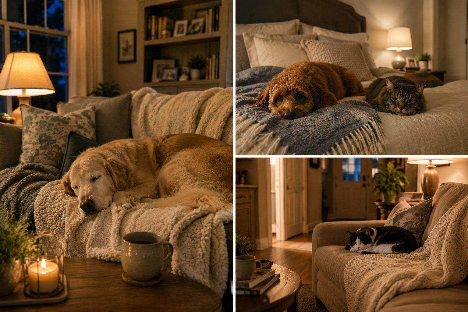 Living room with cozy furniture, a golden retriever sleeping on a plush blanket on the sofa, two pets (a dog and a cat) lying on a bed in a warmly lit bedroom, and a black and white cat resting on a beige couch.