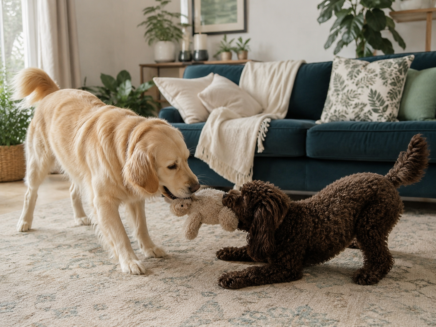 A Golden Retriever and a small brown poodle playing tug-of-war with a stuffed toy in a living room with a blue couch, pillows, plants, and a window.